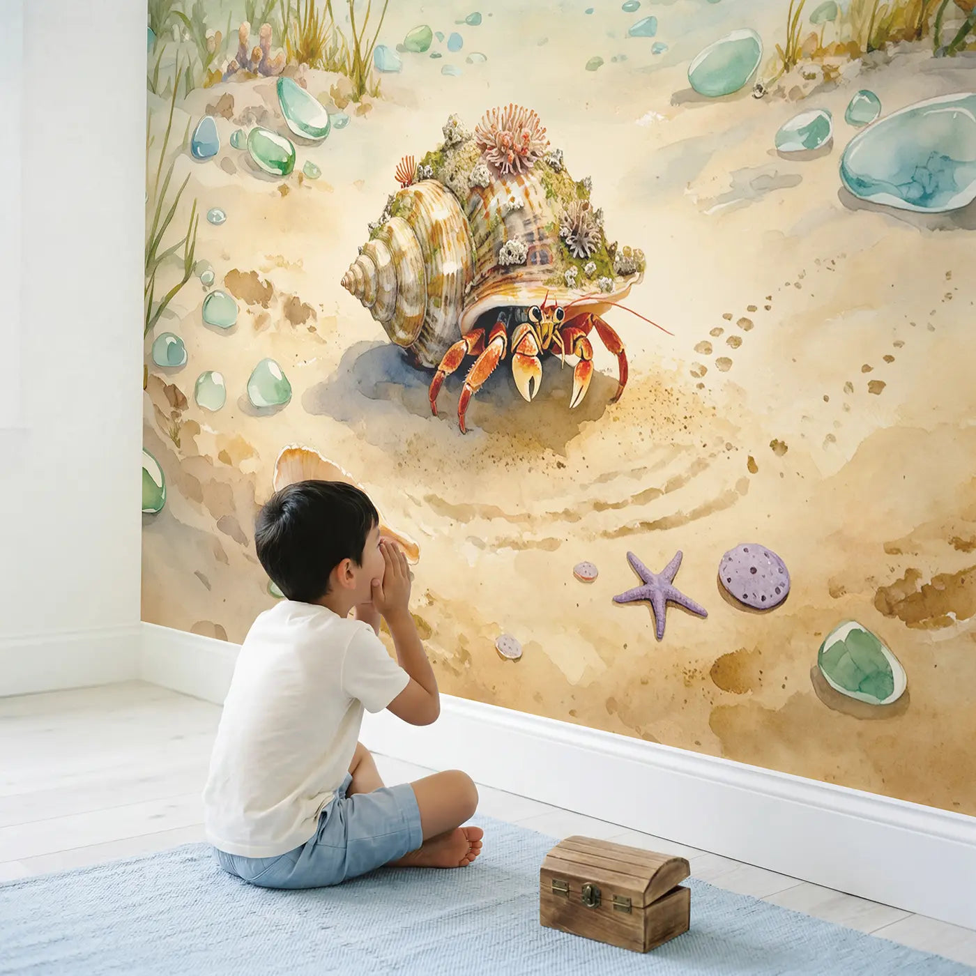 Child in nursery with Hermit Crab Decorated Shell Wallpaper Mural by Whimsy Tots