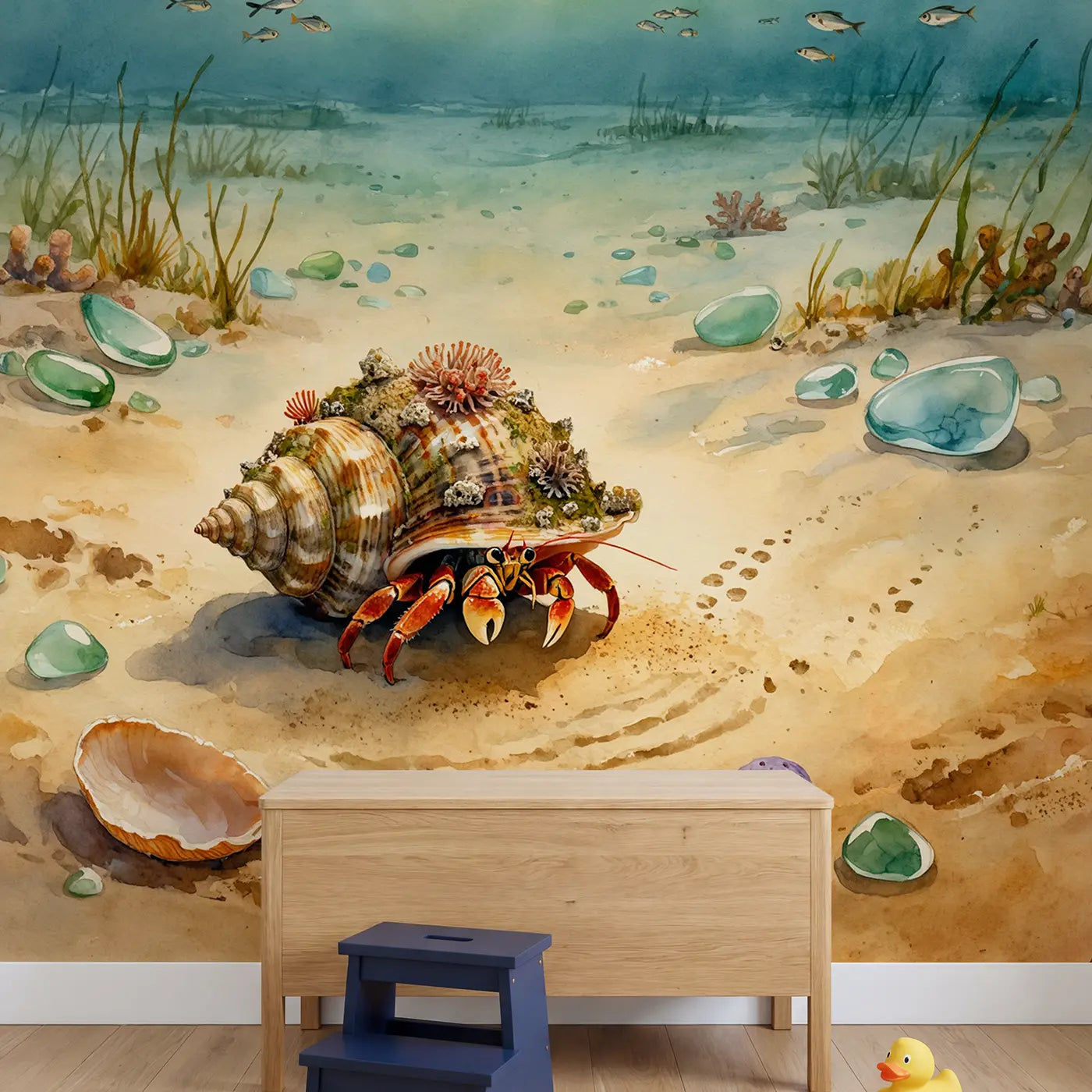 Hermit Crab Decorated Shell Wallpaper Mural in playroom setting by Whimsy Tots