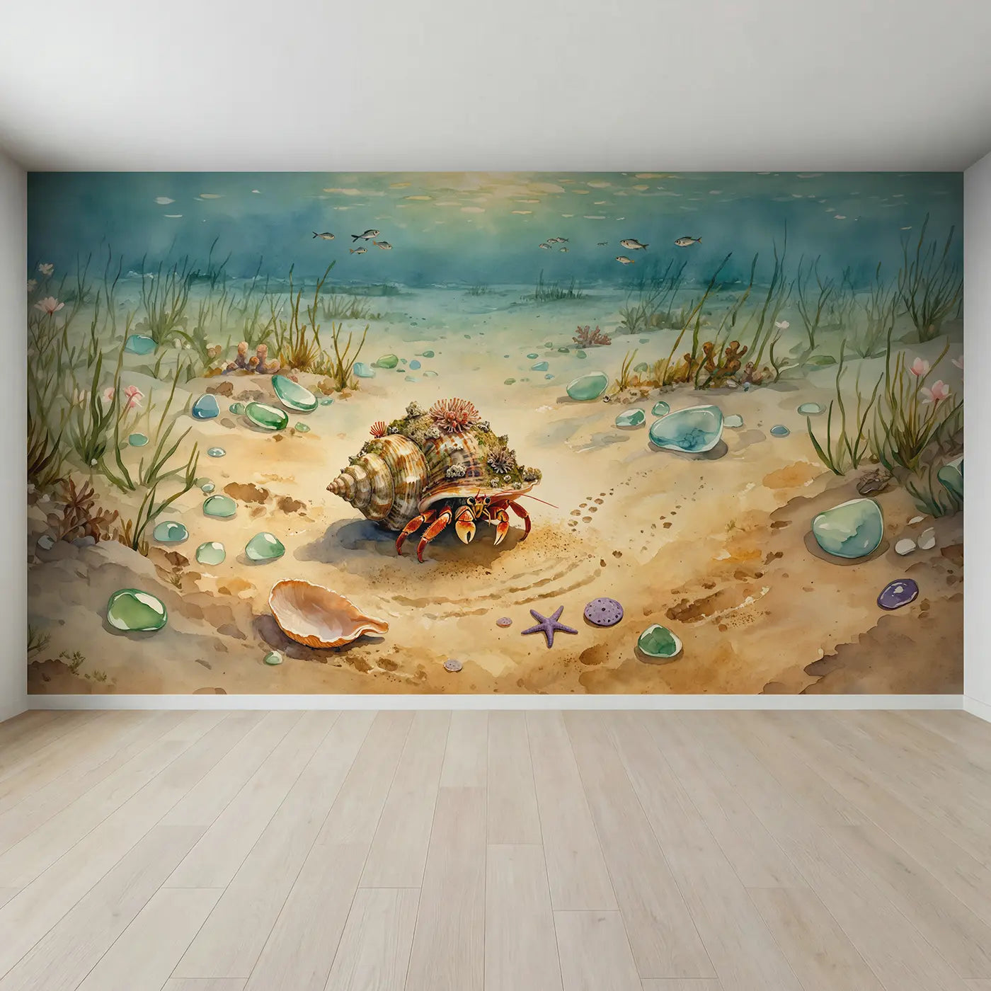 Full view of Hermit Crab Decorated Shell Wallpaper Mural by Whimsy Tots
