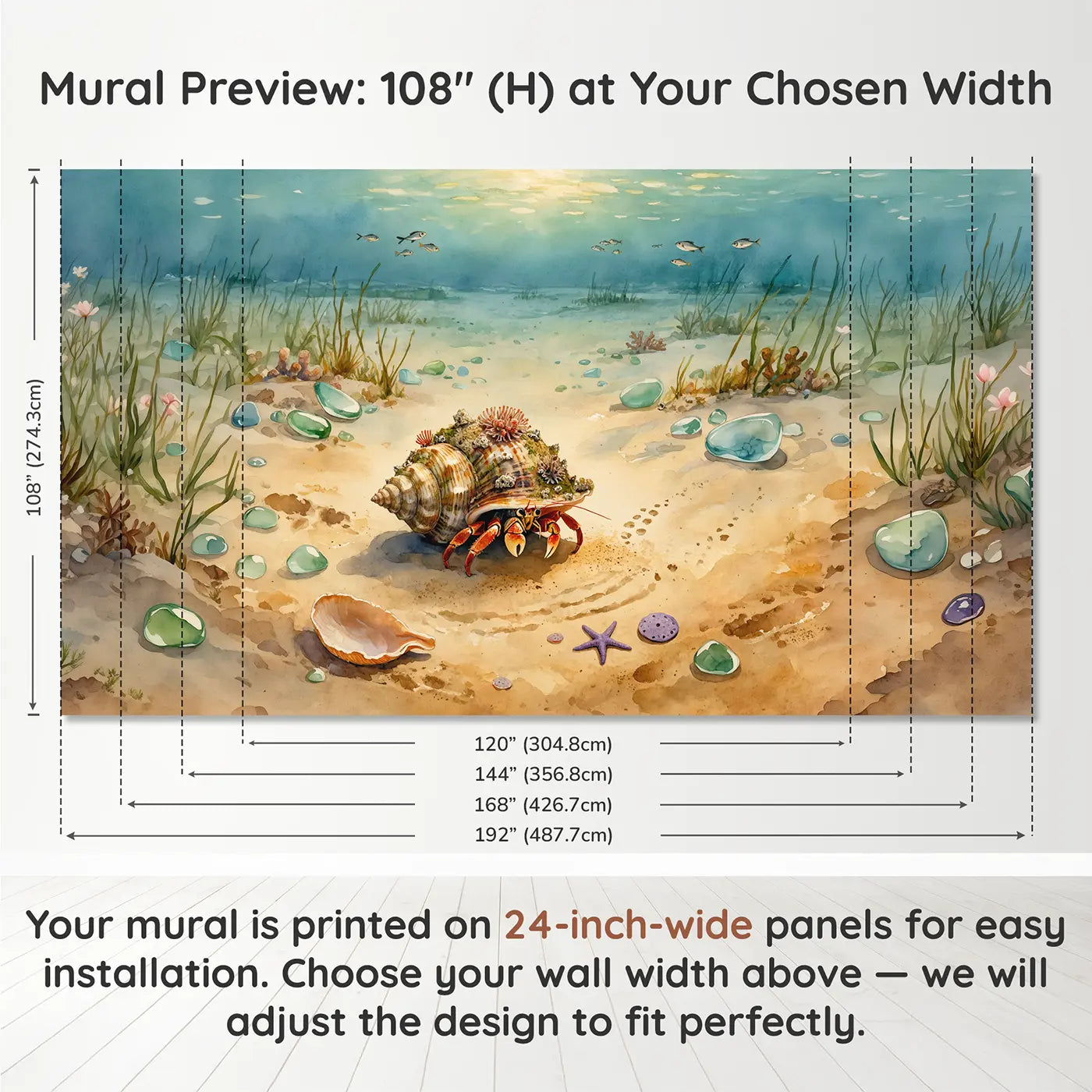 Panel layout and dimensions for Hermit Crab Decorated Shell Wallpaper Mural by Whimsy Tots
