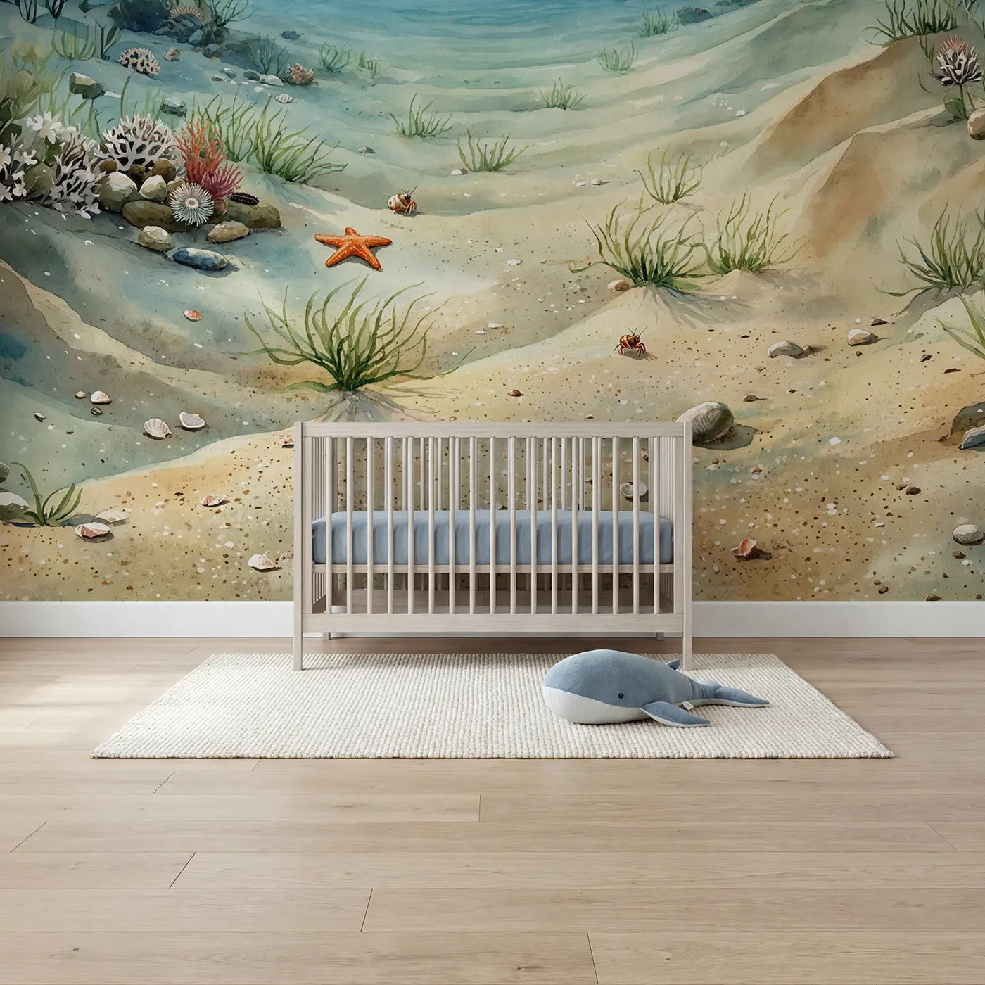 Watercolor quiet ocean floor seaweed wallpaper mural for boys nursery by Whimsy Tots