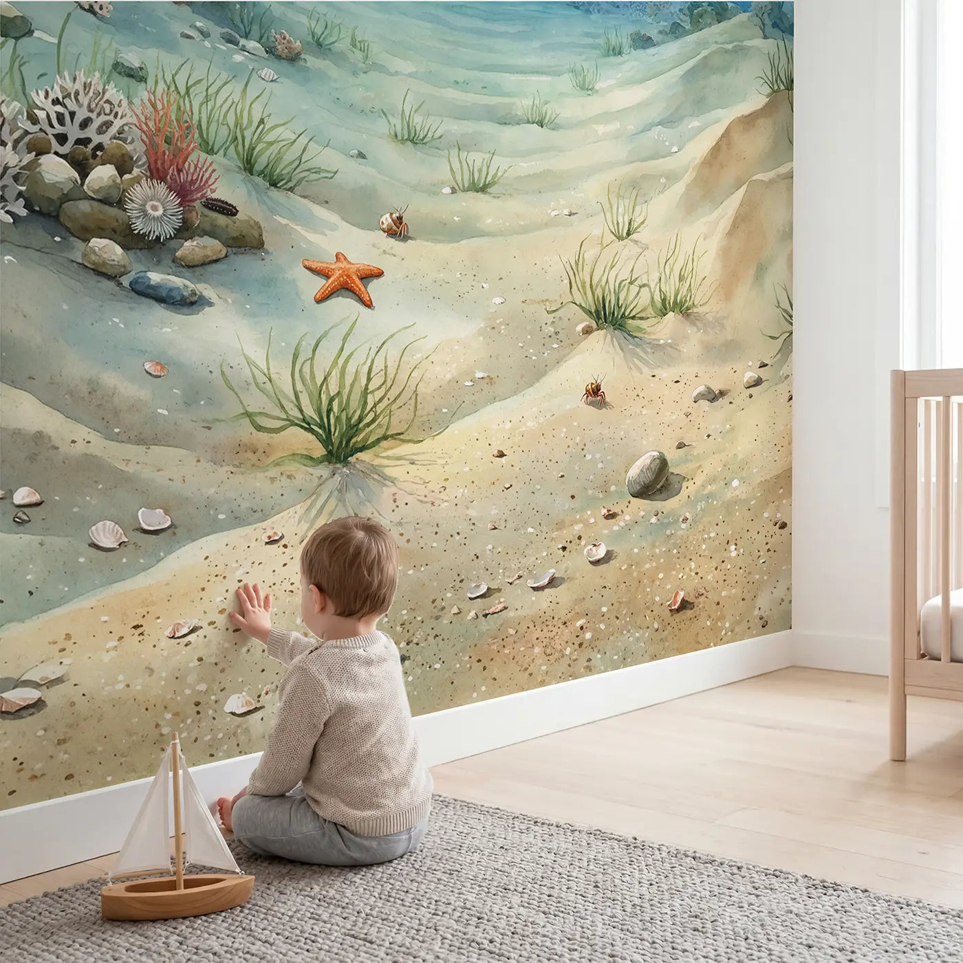 Child in nursery with Quiet Ocean Floor Wallpaper Mural by Whimsy Tots