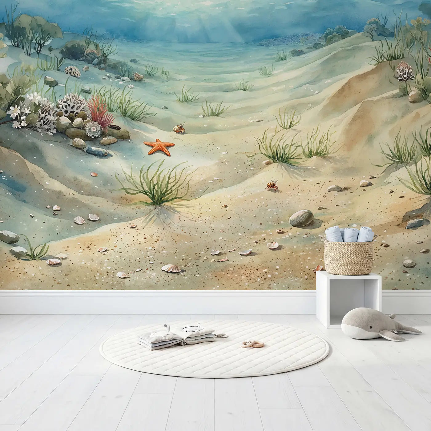 Quiet Ocean Floor Wallpaper Mural in playroom setting by Whimsy Tots