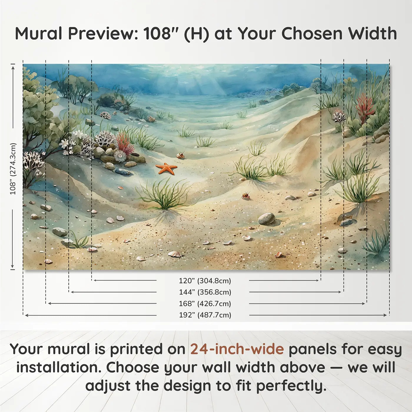 Panel layout and dimensions for Quiet Ocean Floor Wallpaper Mural by Whimsy Tots