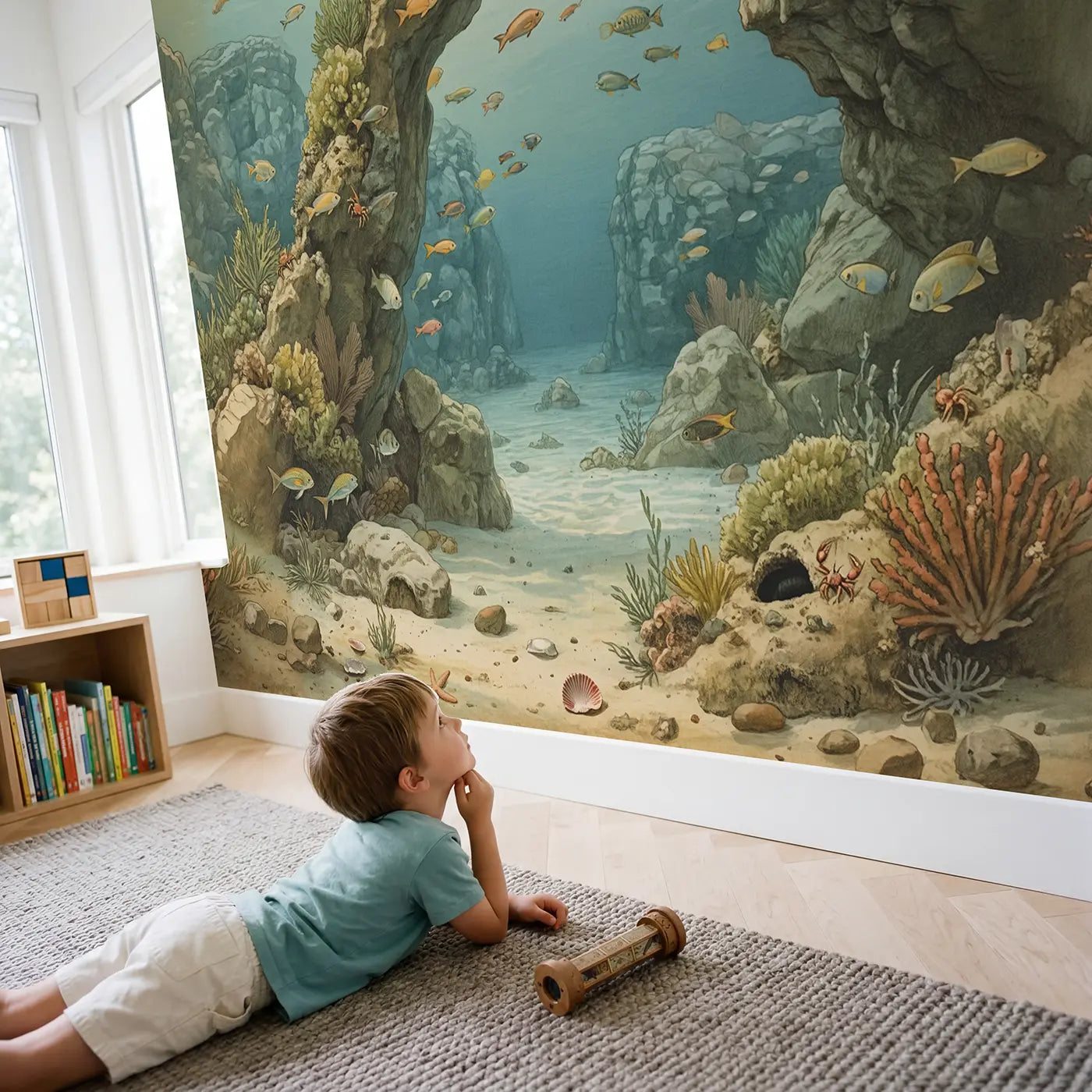 Child in nursery with Coral Arch Fish School Wallpaper Mural by Whimsy Tots