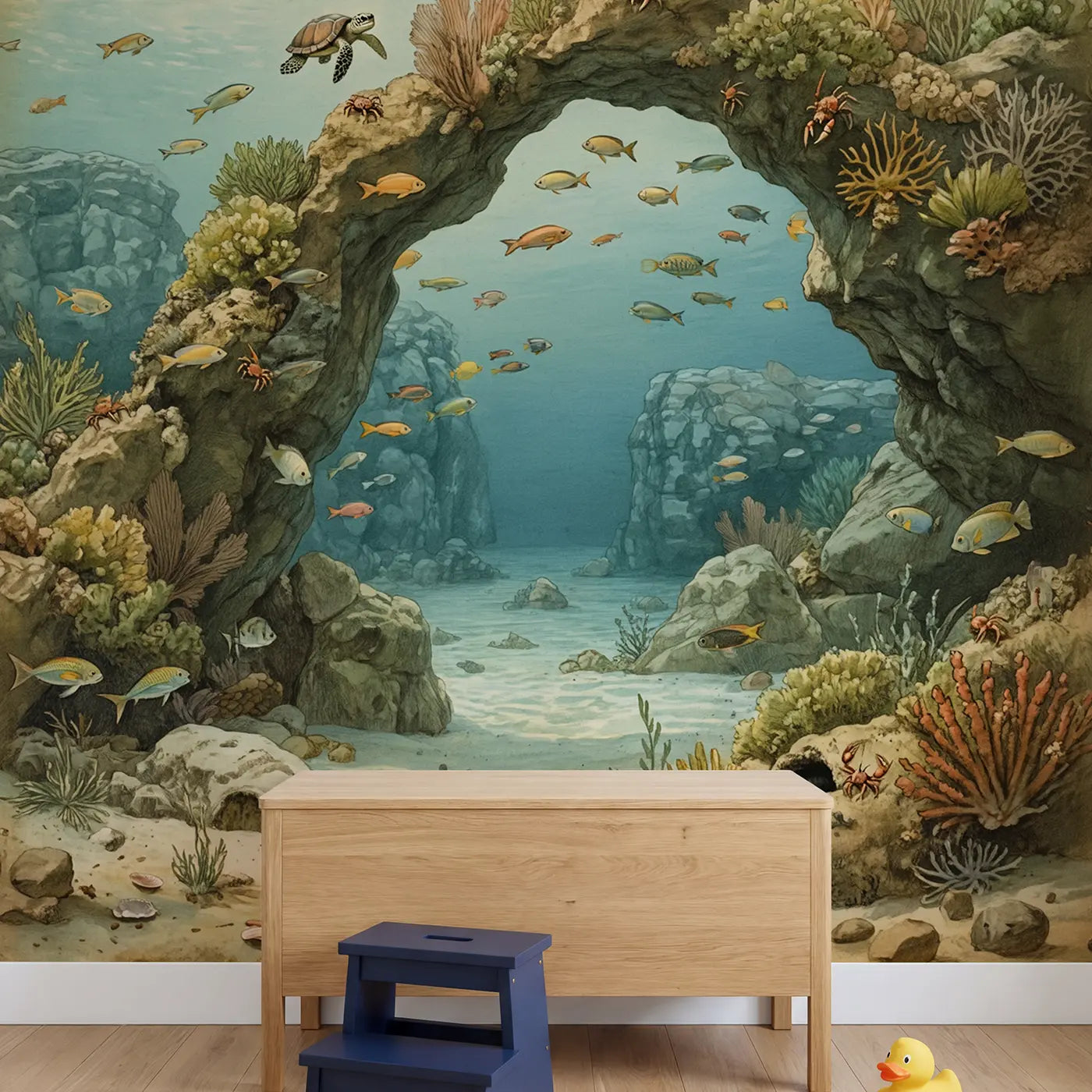 Coral Arch Fish School Wallpaper Mural in playroom setting by Whimsy Tots