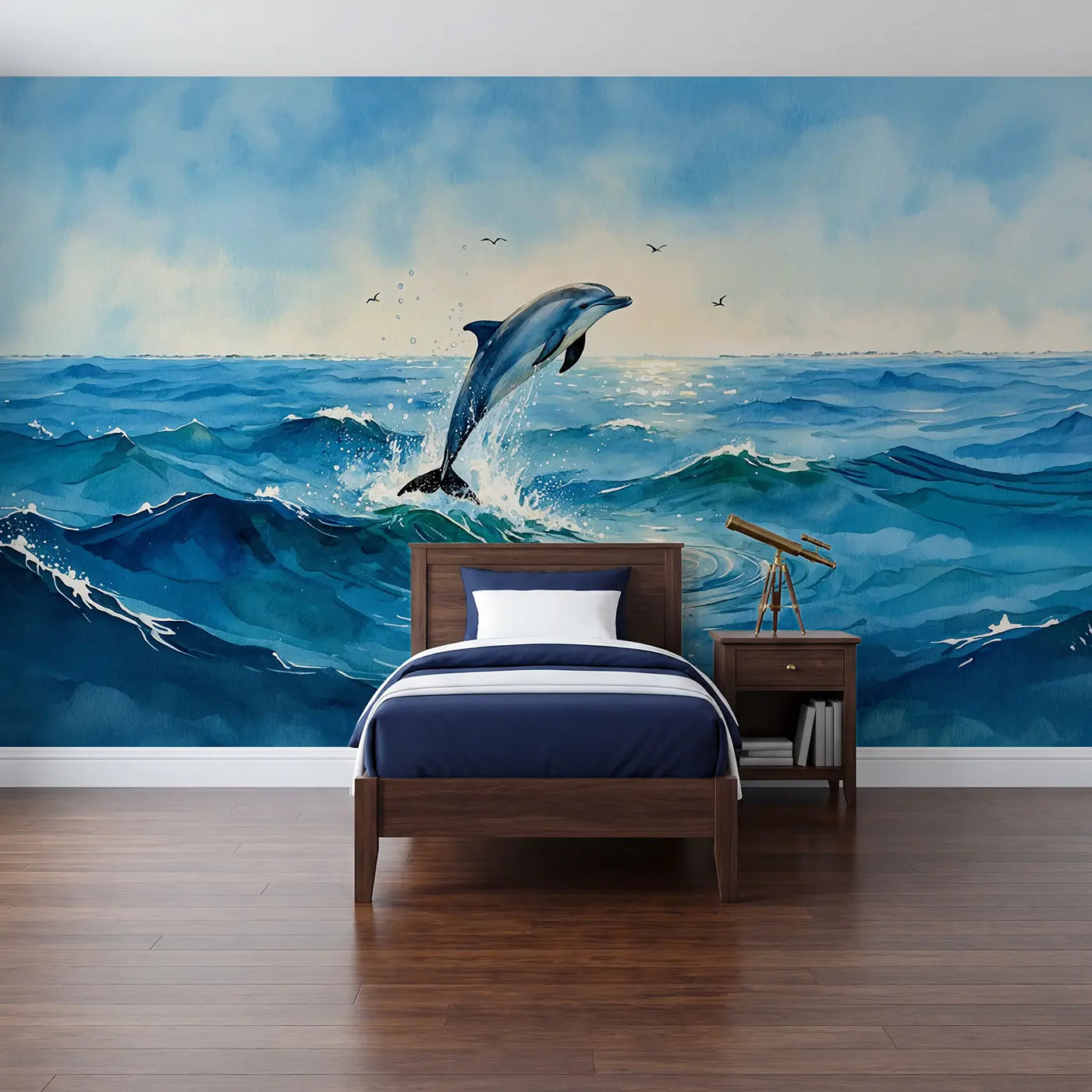 Watercolor leaping dolphin ocean joy wallpaper mural for kids room by Whimsy Tots