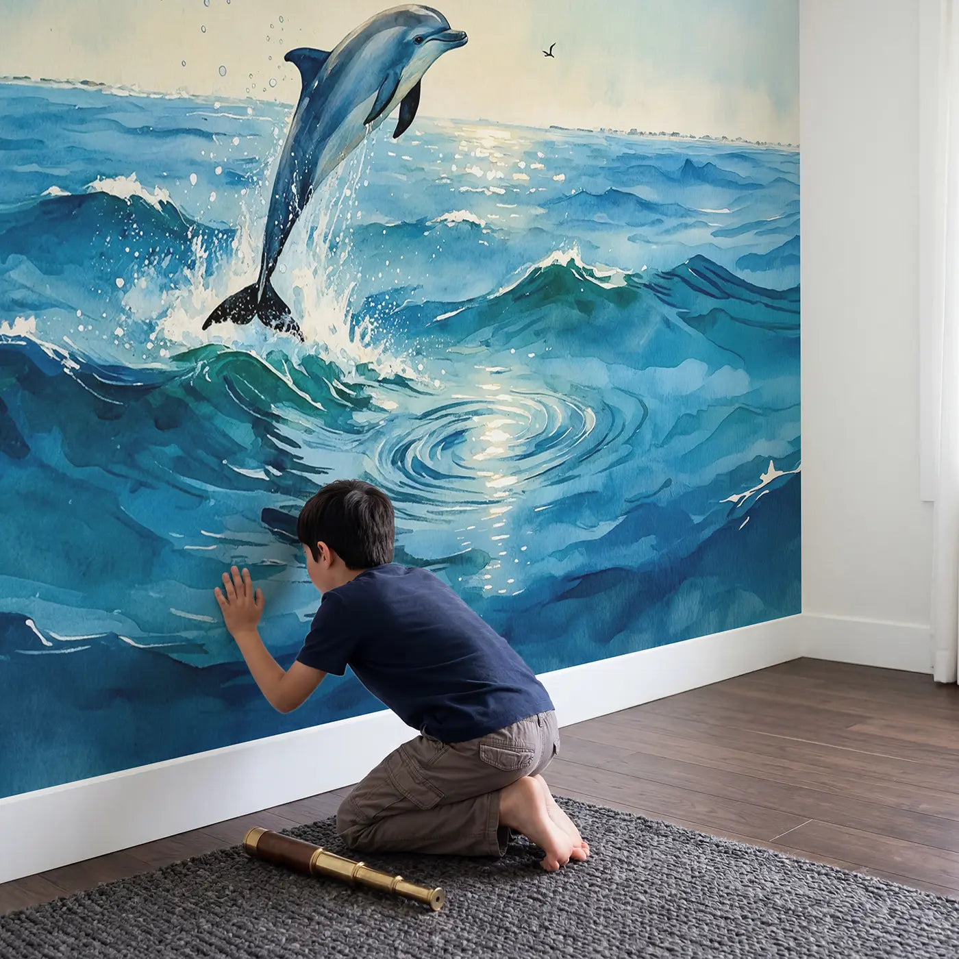 Child in nursery with Leaping Dolphin Ocean Joy Wallpaper Mural by Whimsy Tots