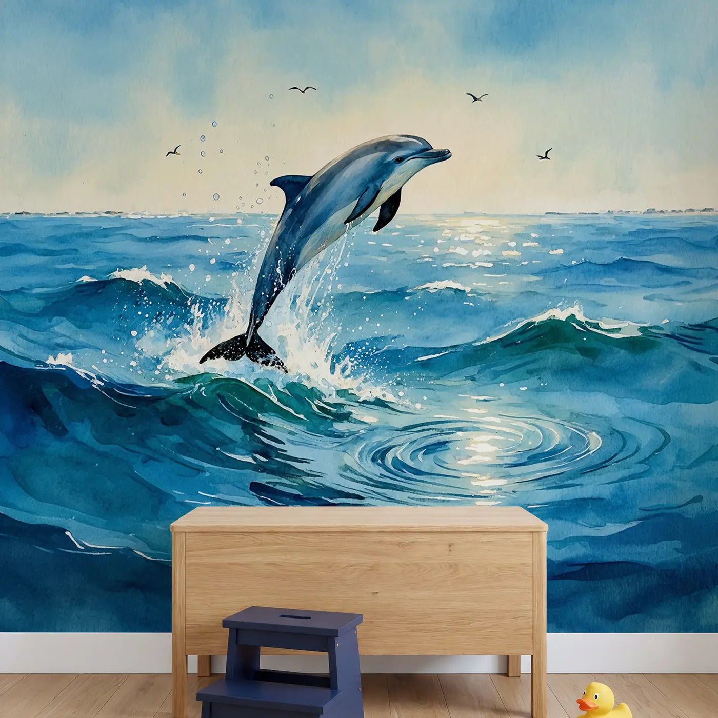 Leaping Dolphin Ocean Joy Wallpaper Mural in playroom setting by Whimsy Tots