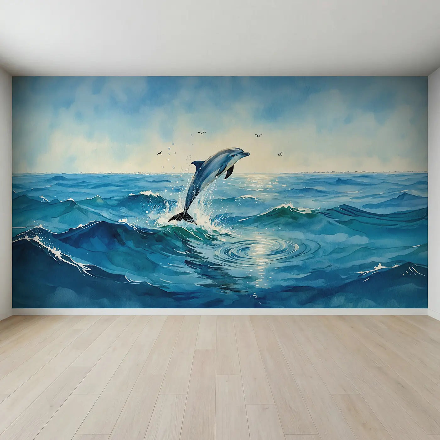Full view of Leaping Dolphin Ocean Joy Wallpaper Mural by Whimsy Tots