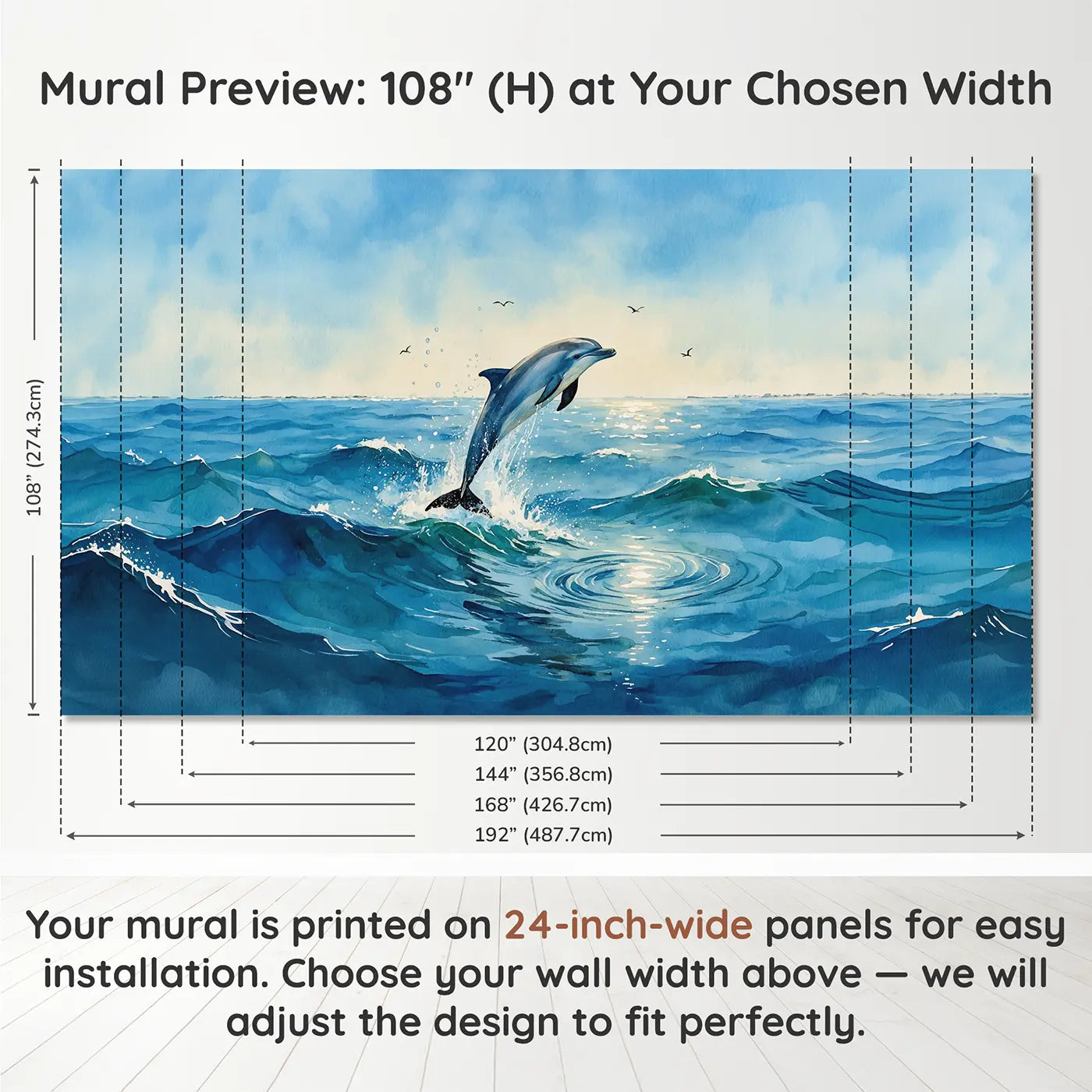 Panel layout and dimensions for Leaping Dolphin Ocean Joy Wallpaper Mural by Whimsy Tots
