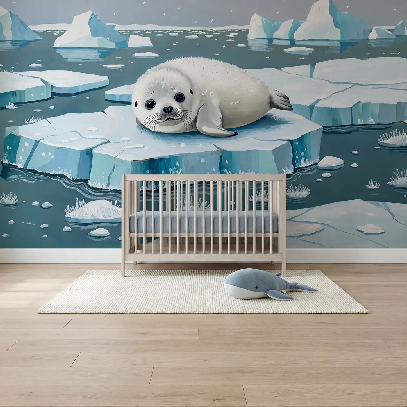 modern illustration baby seal arctic ice floe mural for kids room by Whimsy Tots