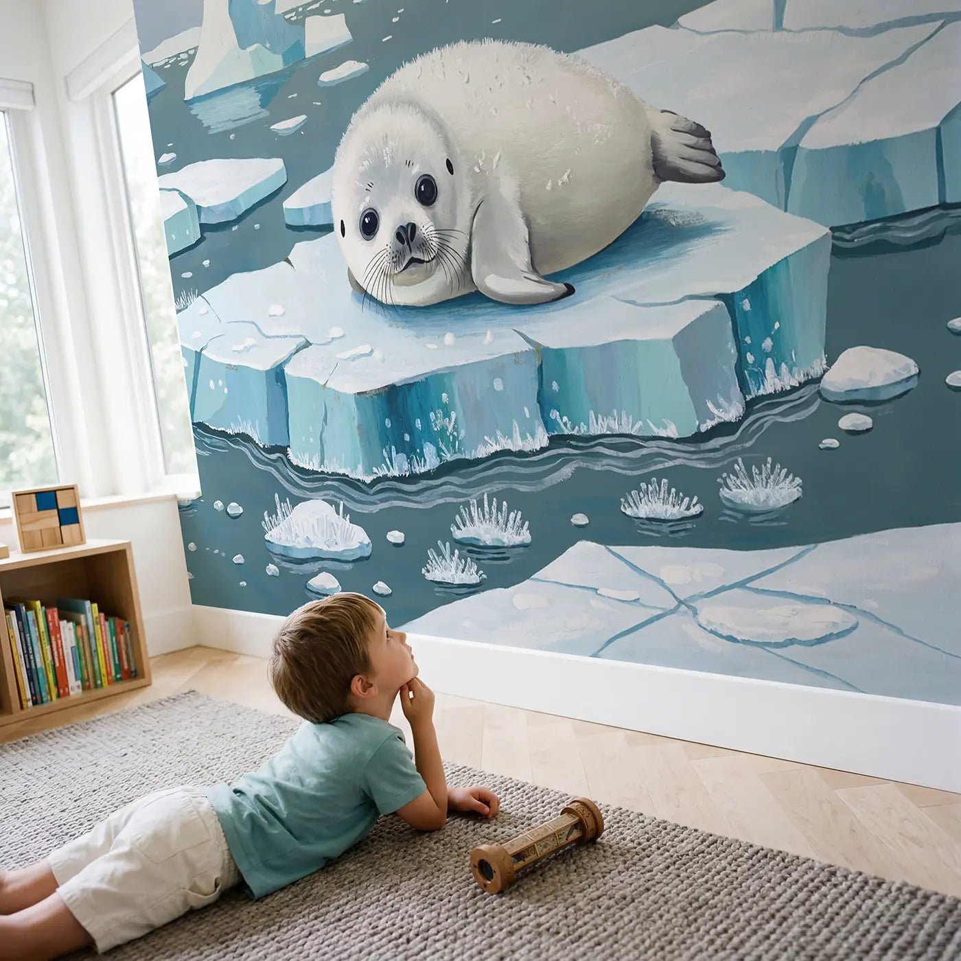 Child in nursery with Baby Seal Arctic Ice Floe Wallpaper Mural by Whimsy Tots