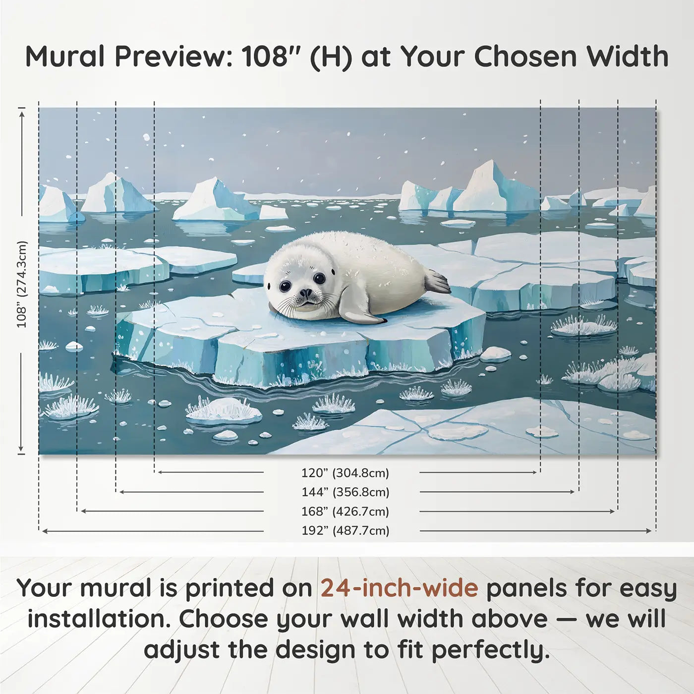 Panel layout and dimensions for Baby Seal Arctic Ice Floe Wallpaper Mural by Whimsy Tots