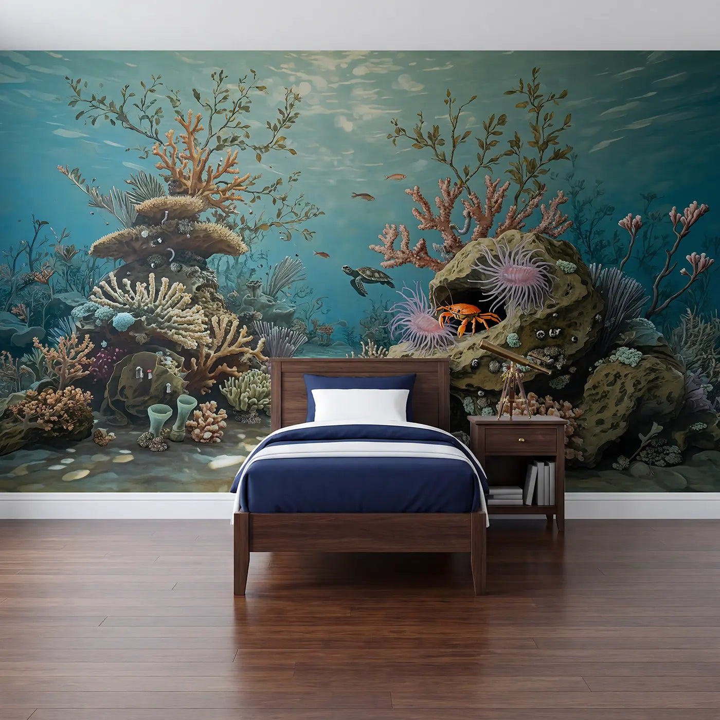 Botanical elegance crab and shrimp reef wallpaper mural for kids room by Whimsy Tots