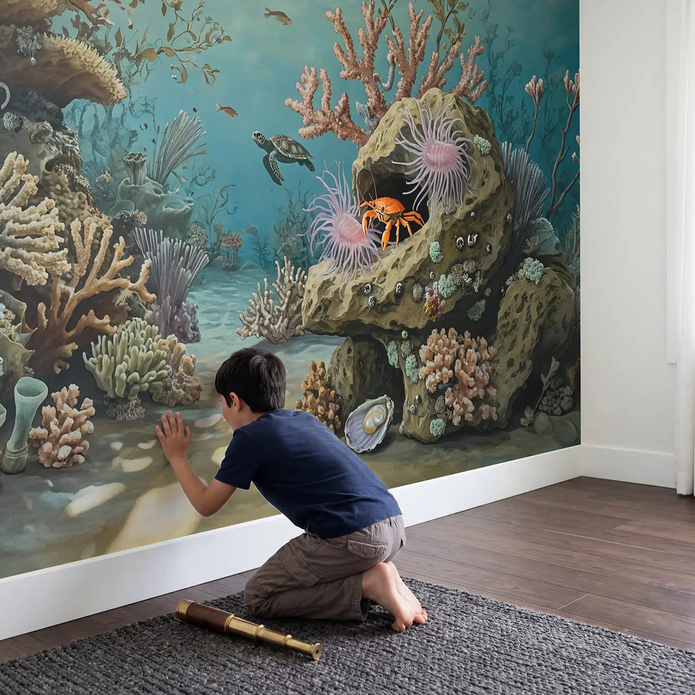 Child in nursery with Crab and Shrimp Reef Home Wallpaper Mural by Whimsy Tots
