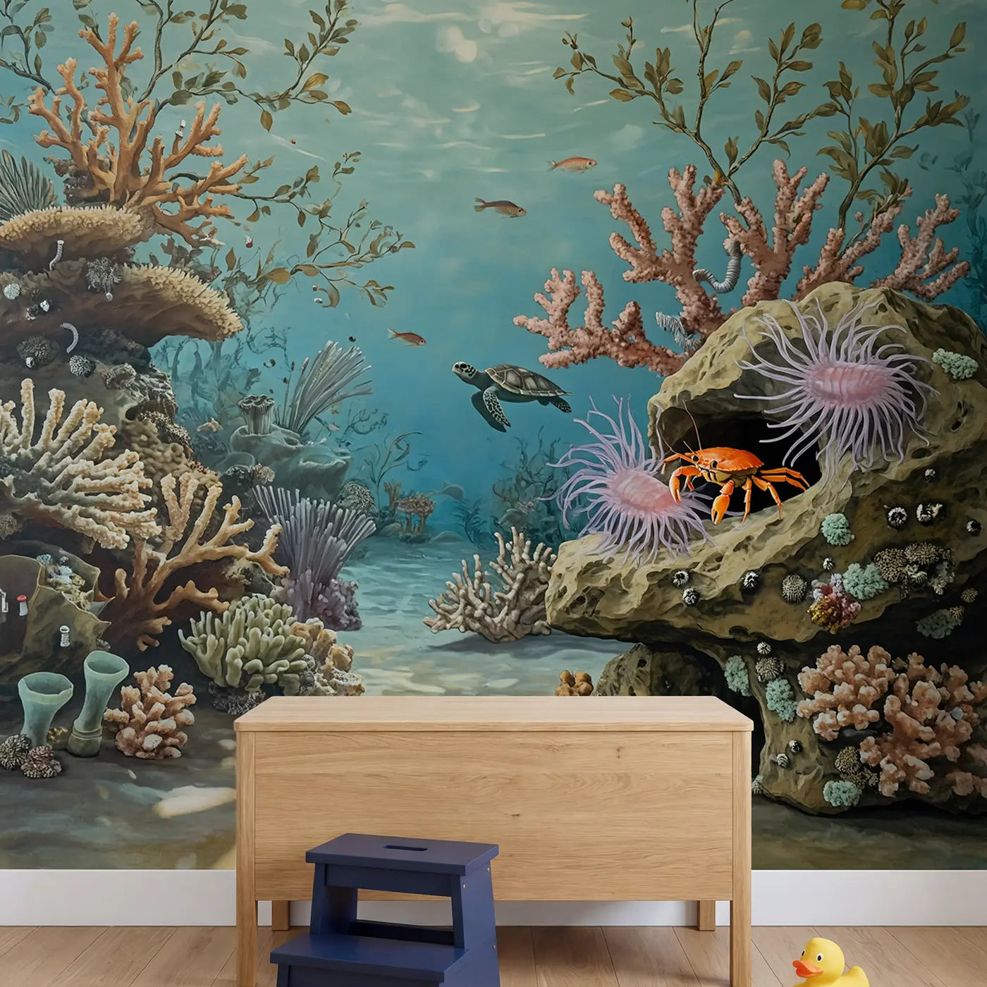 Crab and Shrimp Reef Home Wallpaper Mural in playroom setting by Whimsy Tots