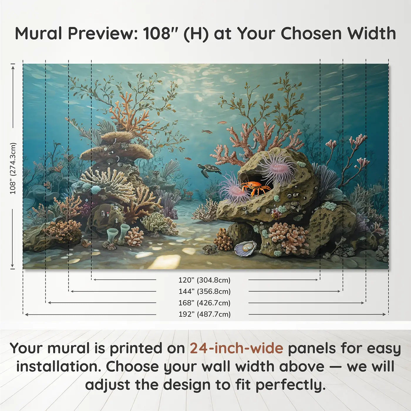 Panel layout and dimensions for Crab and Shrimp Reef Home Wallpaper Mural by Whimsy Tots