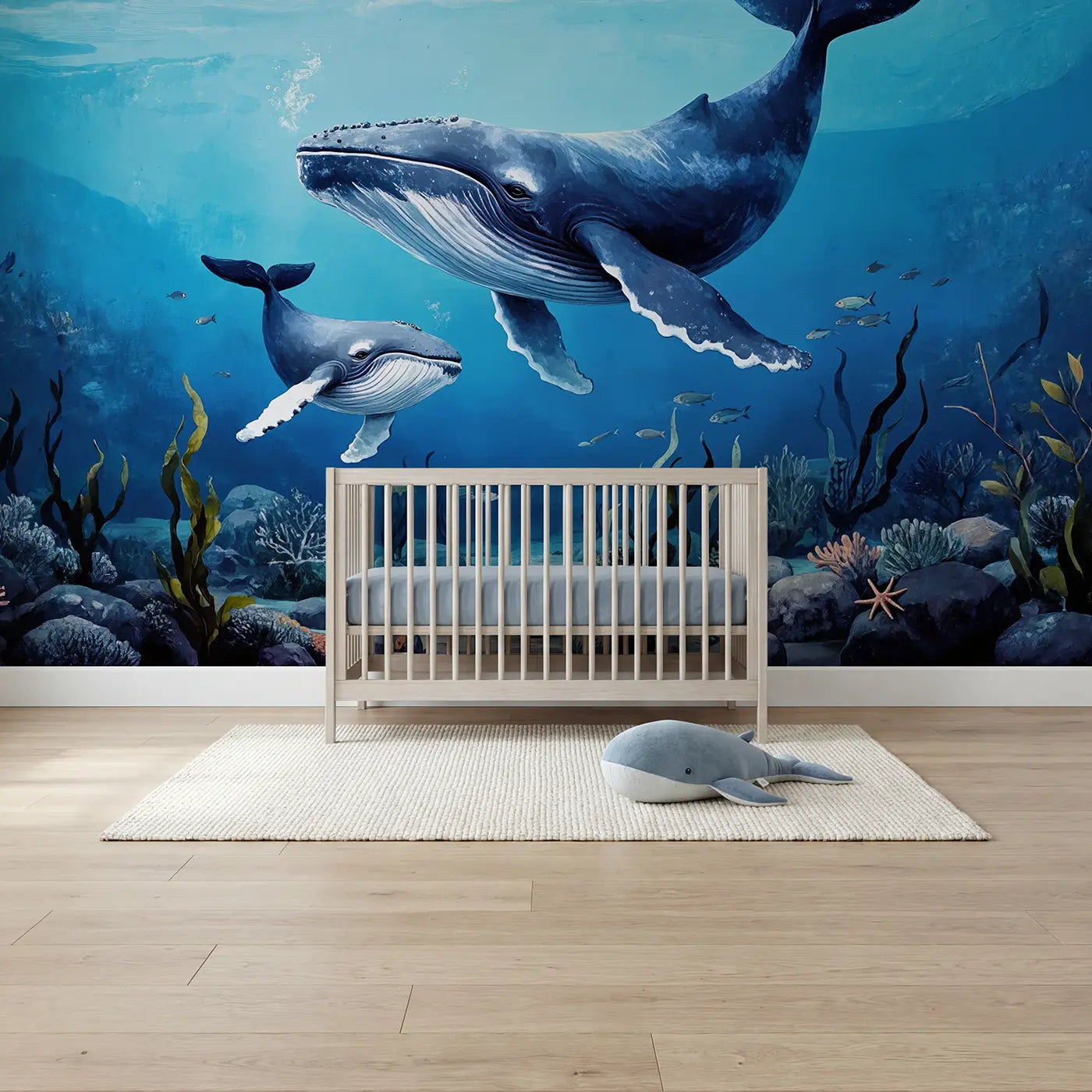 pastel whale mother calf swimming wallpaper mural for nursery by Whimsy Tots
