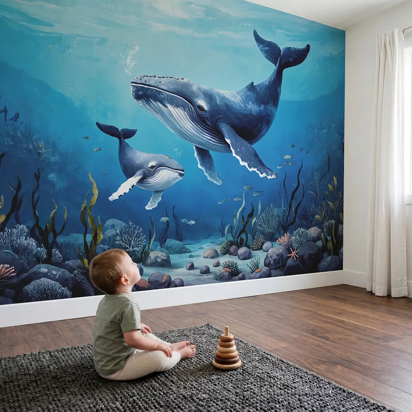 Child in nursery with Whale Mother Calf Swimming Wallpaper Mural by Whimsy Tots