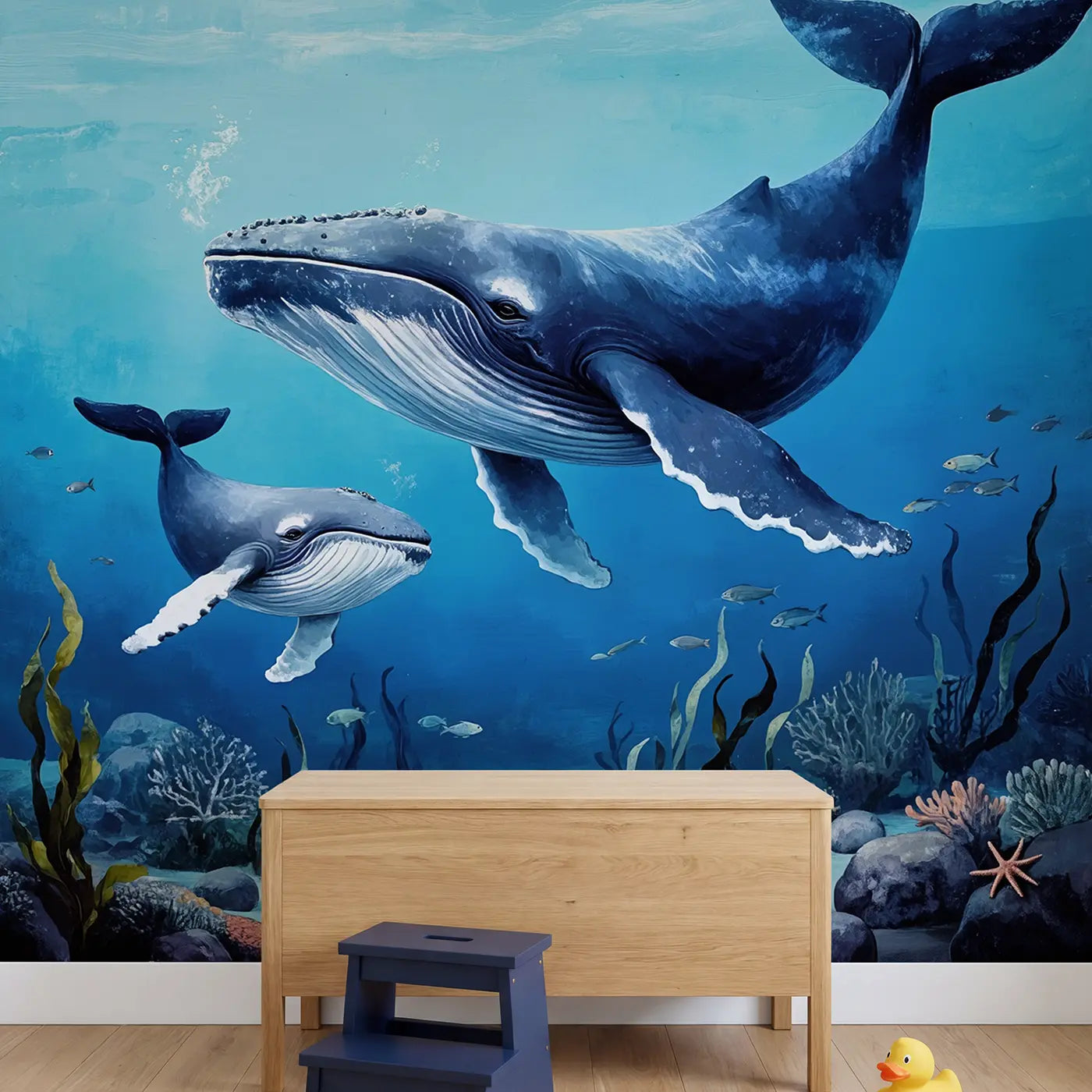 Whale Mother Calf Swimming Wallpaper Mural in playroom setting by Whimsy Tots