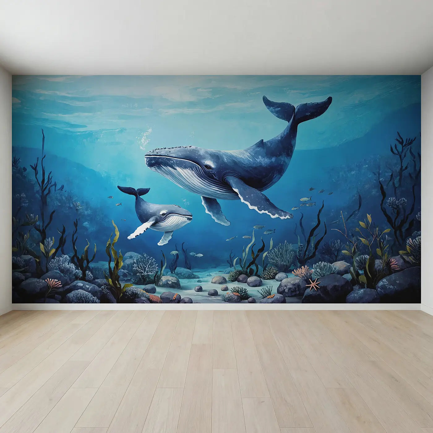 Full view of Whale Mother Calf Swimming Wallpaper Mural by Whimsy Tots