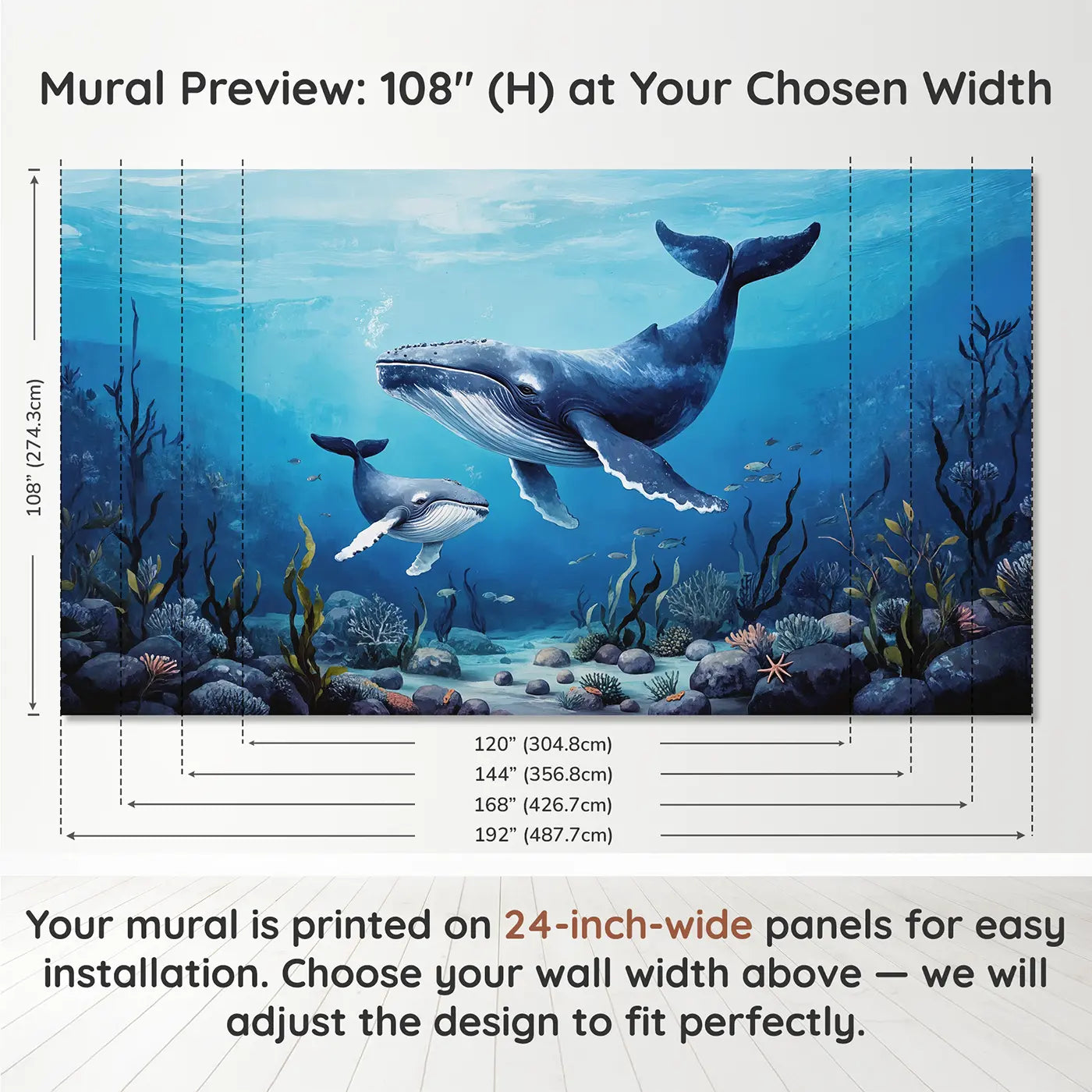 Panel layout and dimensions for Whale Mother Calf Swimming Wallpaper Mural by Whimsy Tots