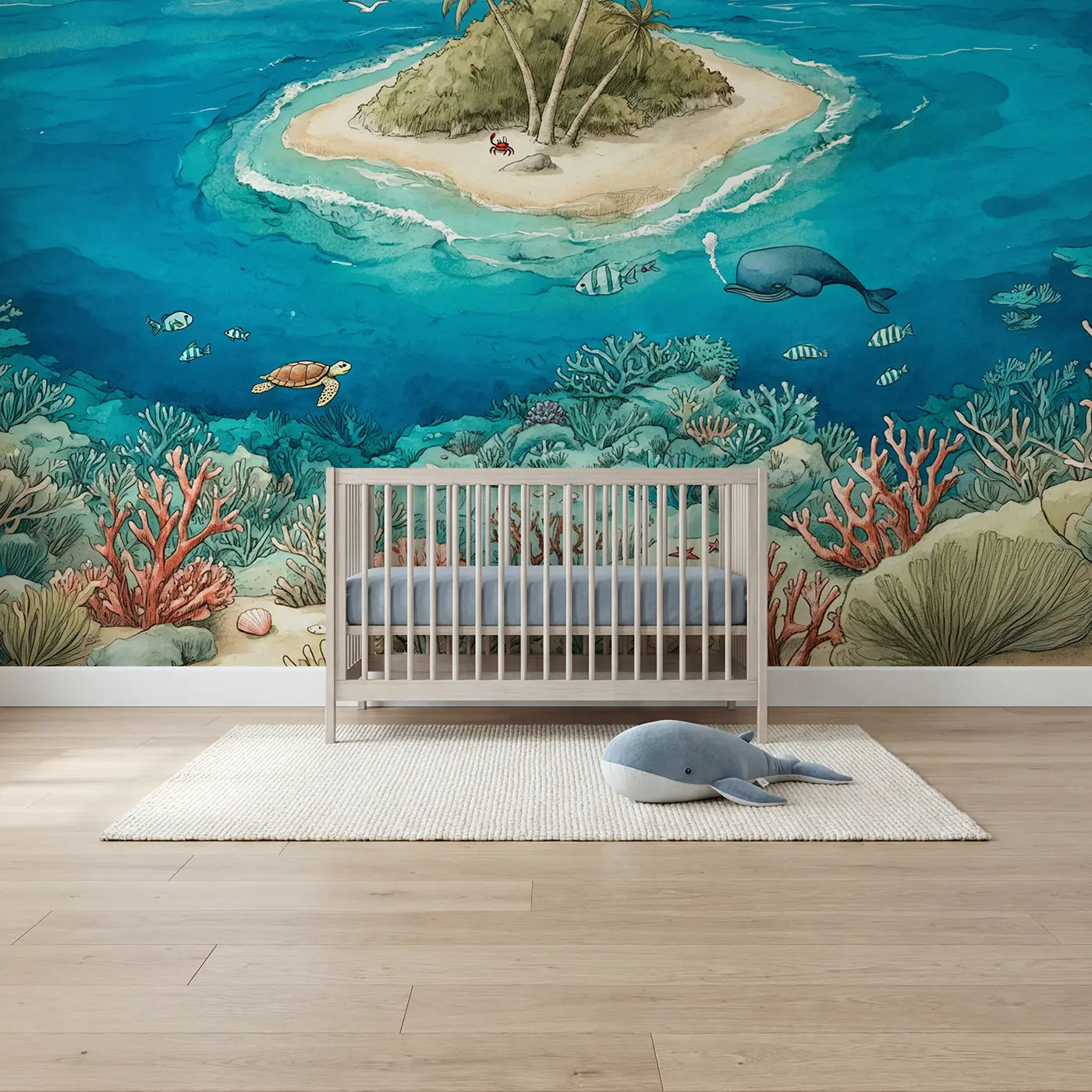 Storybook coral and fish ocean wallpaper mural for kids room by Whimsy Tots