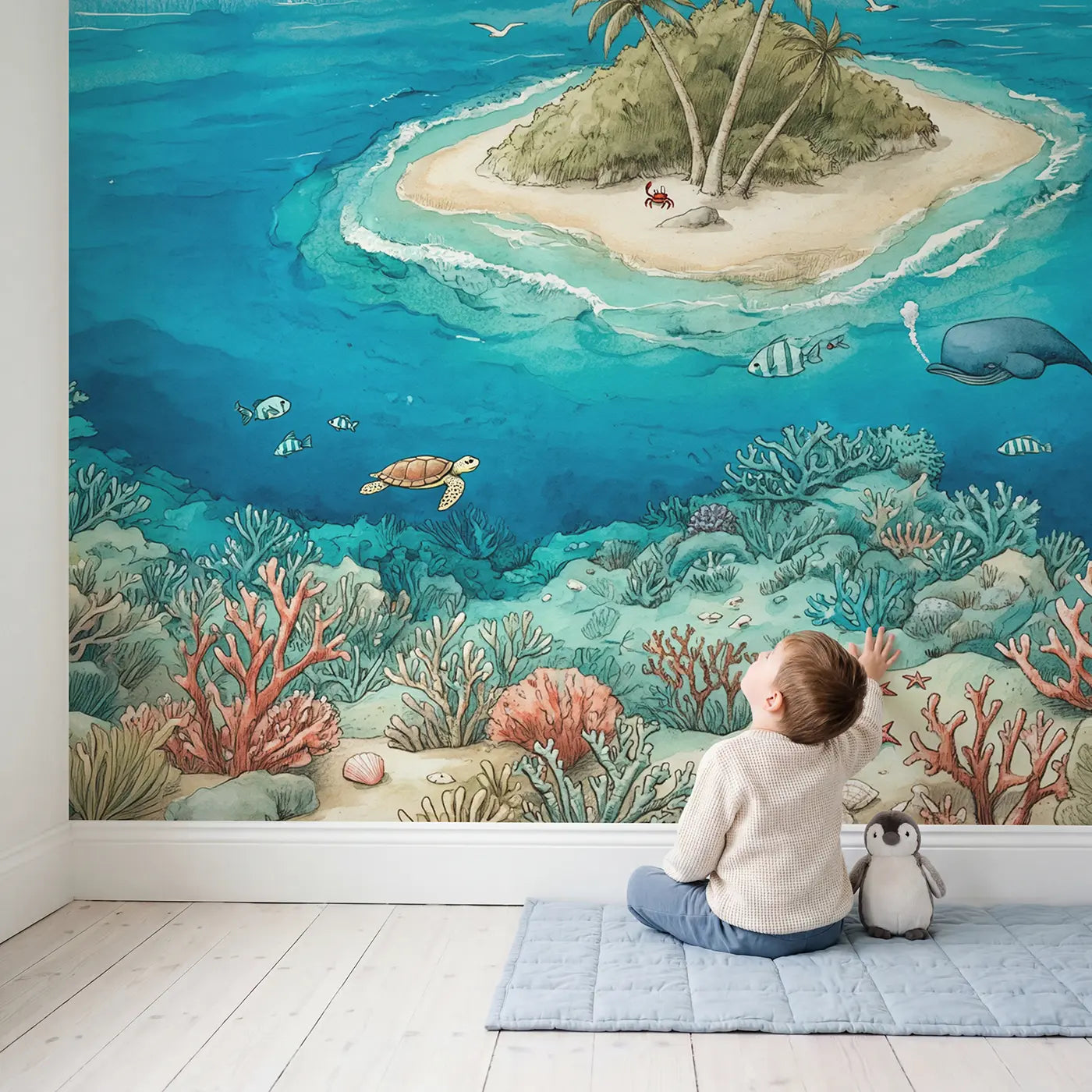 Child in nursery with Tropical Reef Island Wallpaper Mural by Whimsy Tots