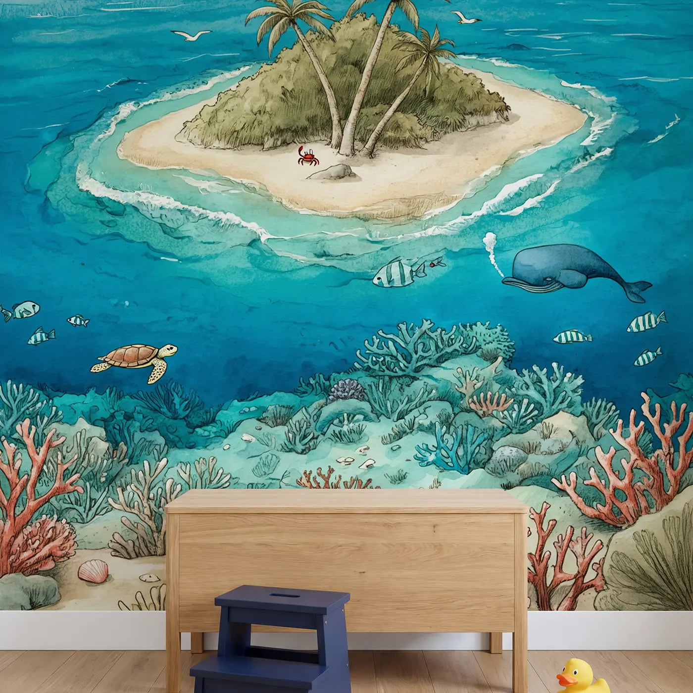 Tropical Reef Island Wallpaper Mural in playroom setting by Whimsy Tots