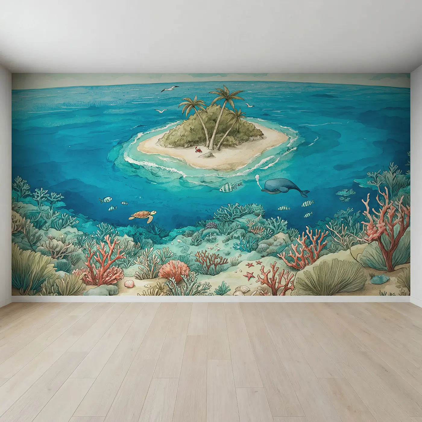 Full view of Tropical Reef Island Wallpaper Mural by Whimsy Tots