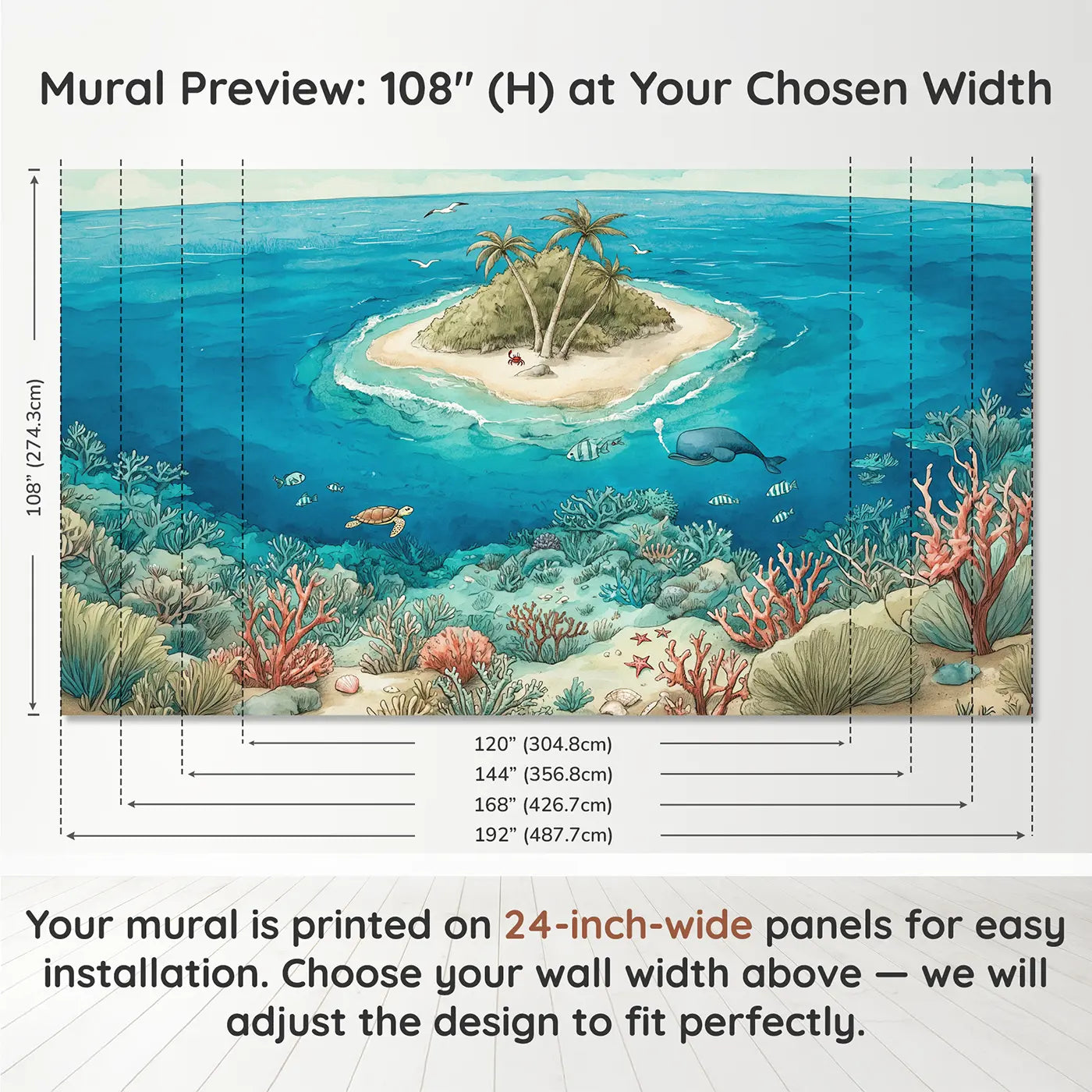 Panel layout and dimensions for Tropical Reef Island Wallpaper Mural by Whimsy Tots
