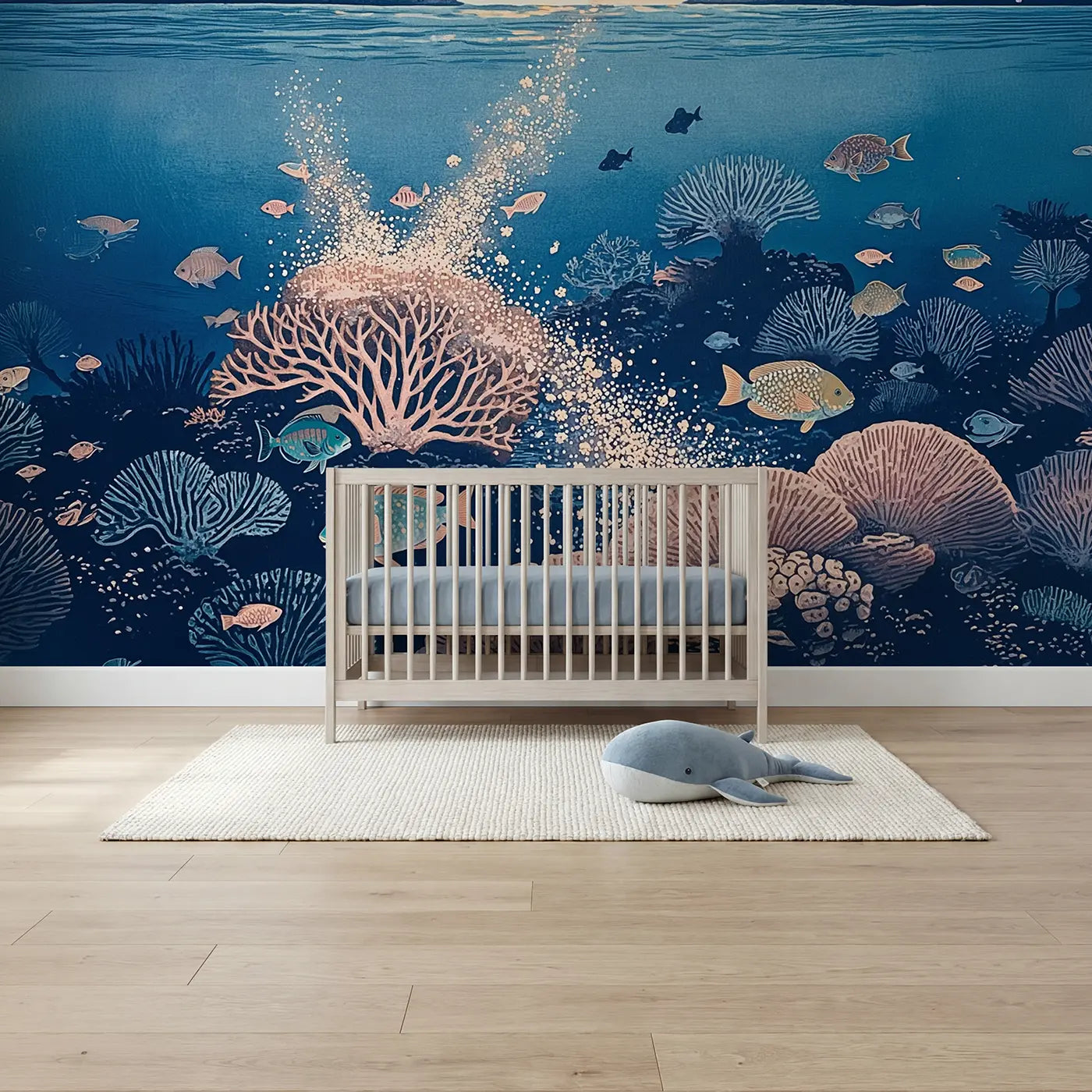 Block Print coral spawning twilight reef wallpaper mural for nursery by Whimsy Tots