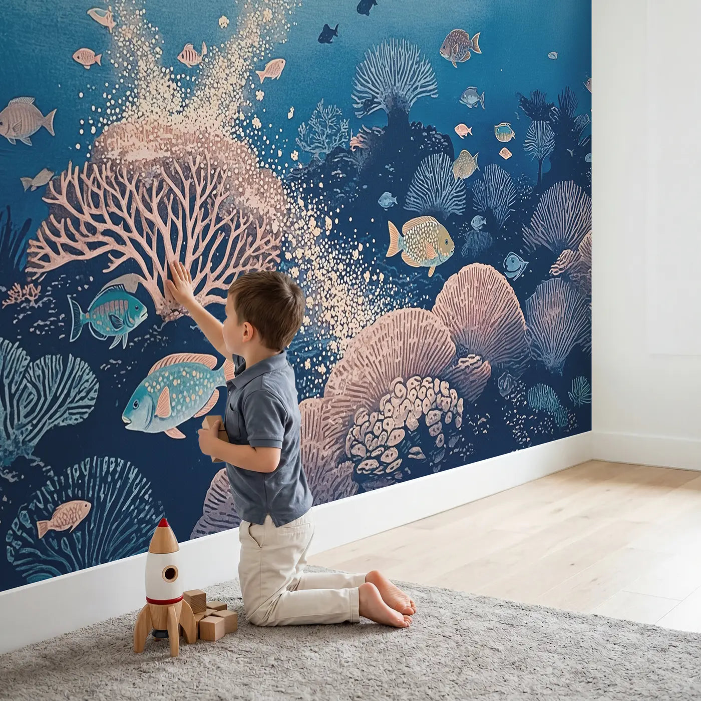 Child in nursery with Coral Spawning Twilight Reef Wallpaper Mural by Whimsy Tots