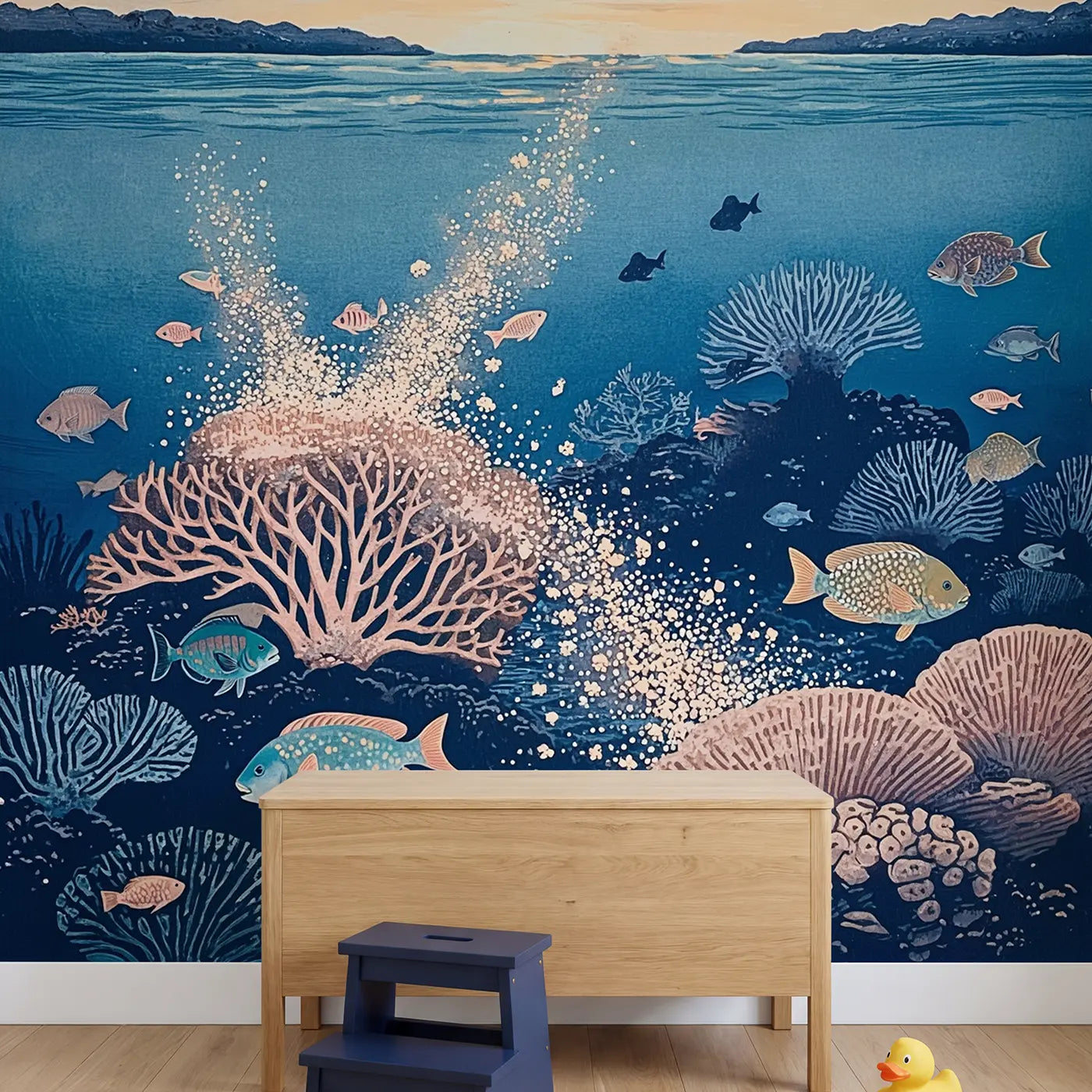 Coral Spawning Twilight Reef Wallpaper Mural in playroom setting by Whimsy Tots