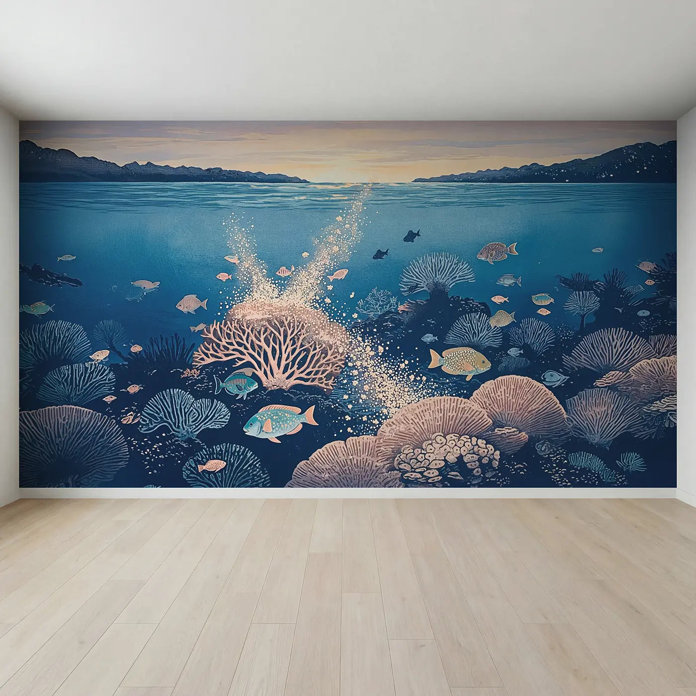 Full view of Coral Spawning Twilight Reef Wallpaper Mural by Whimsy Tots