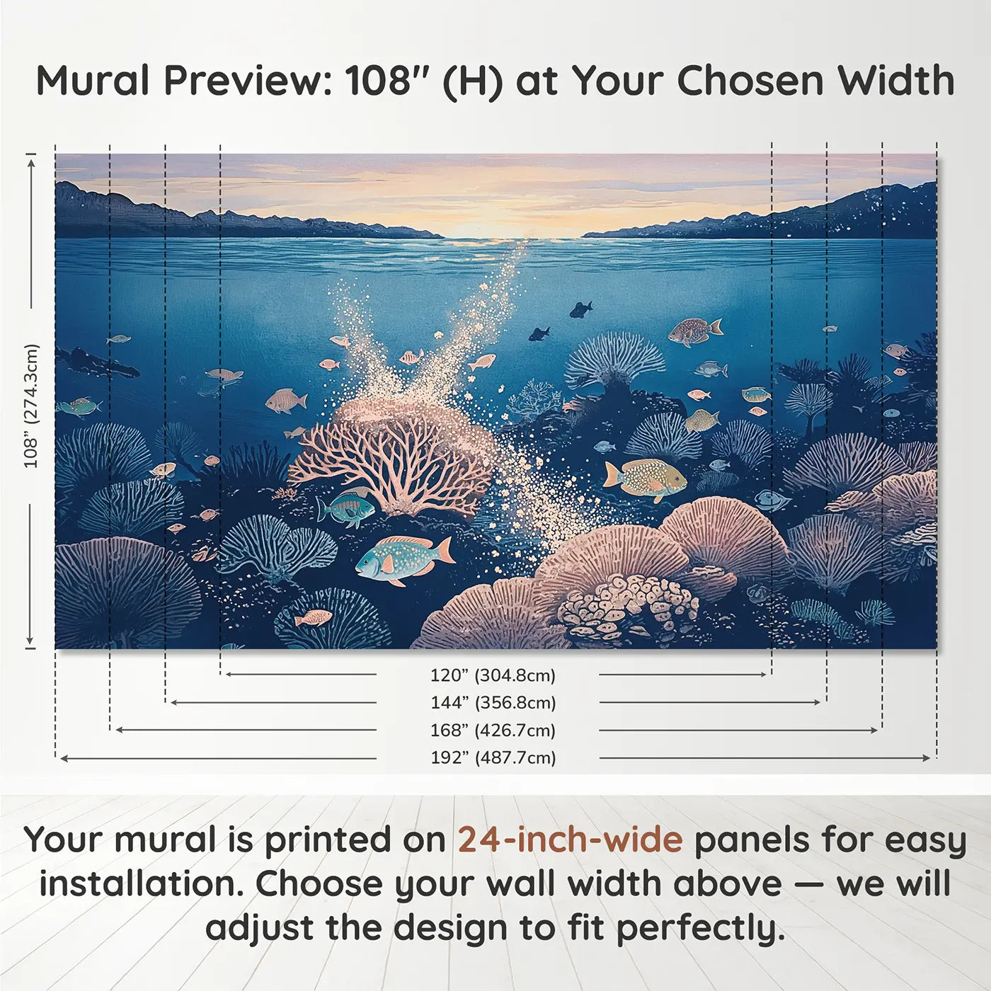 Panel layout and dimensions for Coral Spawning Twilight Reef Wallpaper Mural by Whimsy Tots