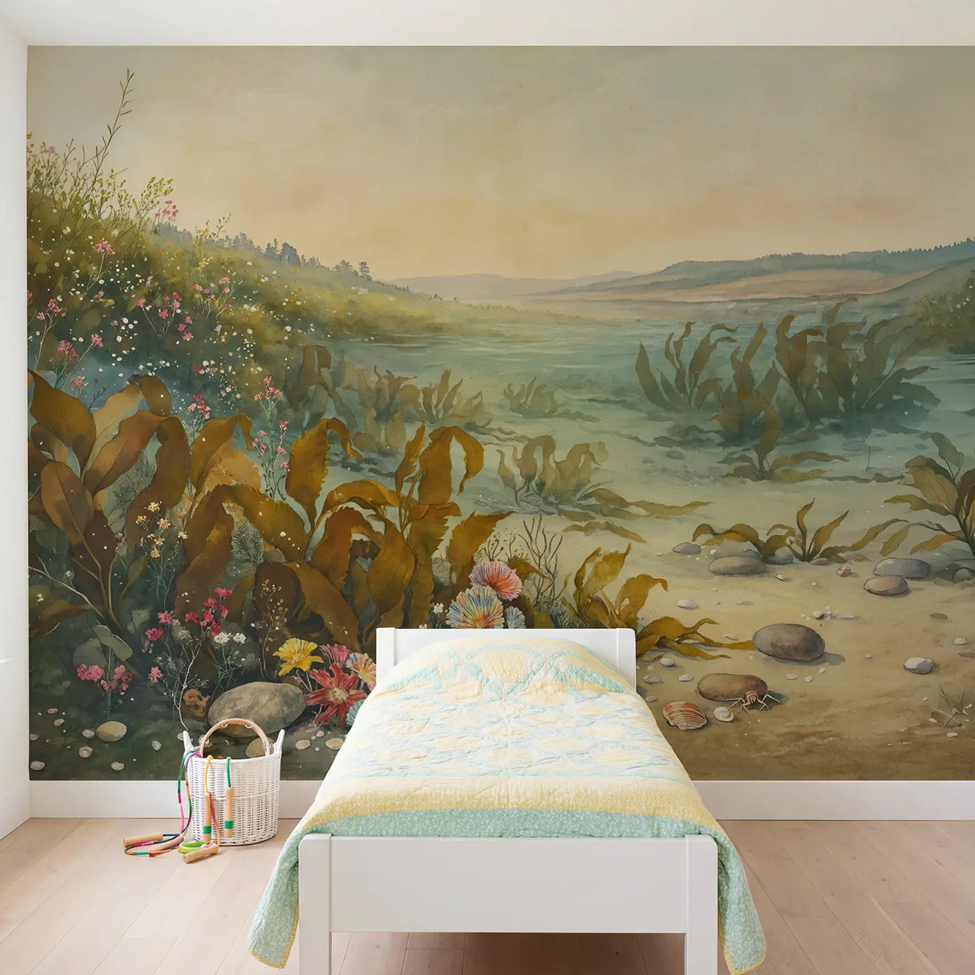 Watercolor kelp forest underwater ocean wallpaper mural for girls room by Whimsy Tots
