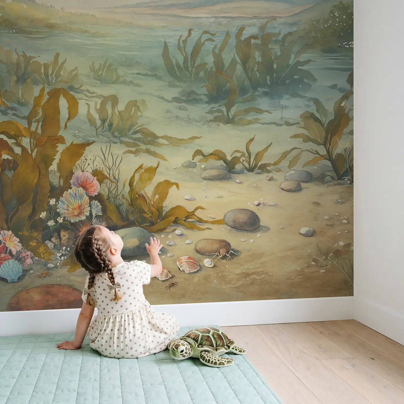 Child in nursery with Kelp Forest Swaying Gentle Wallpaper Mural by Whimsy Tots