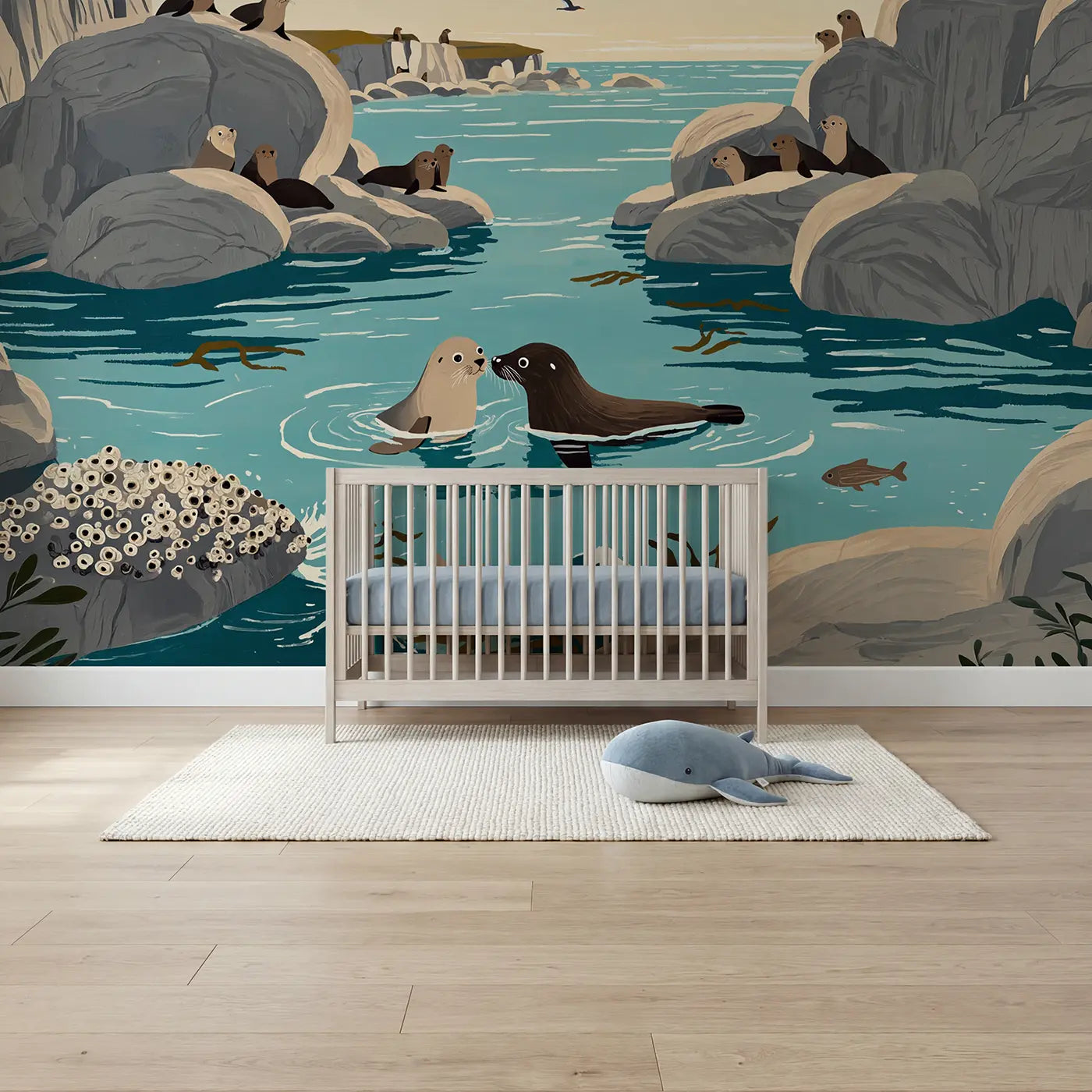 Modern illustration seal pup learning to swim wallpaper mural for nursery by Whimsy Tots