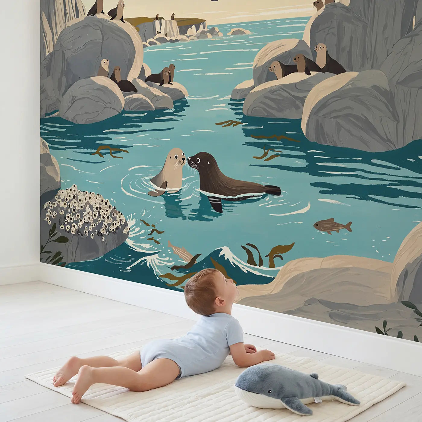 Child in nursery with Seal Pup Swimming Lesson Wallpaper Mural by Whimsy Tots
