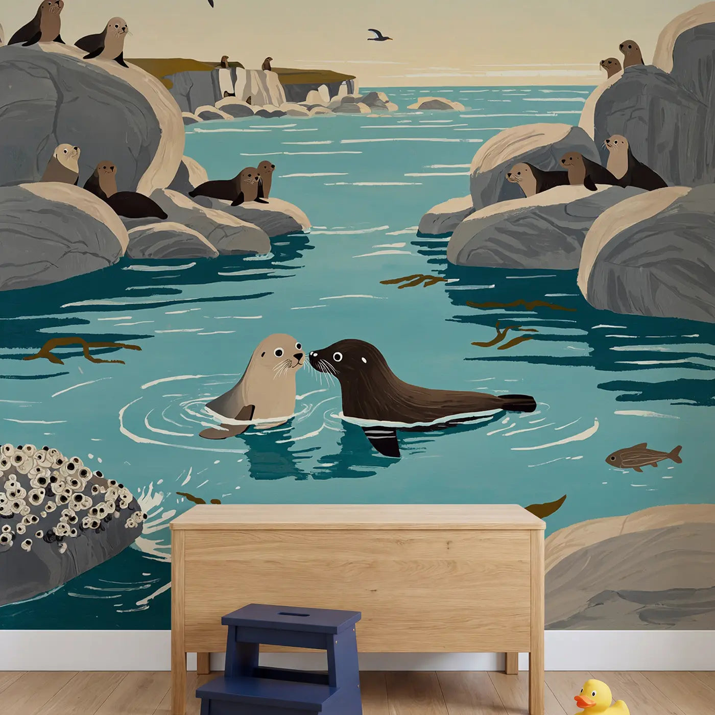 Seal Pup Swimming Lesson Wallpaper Mural in playroom setting by Whimsy Tots