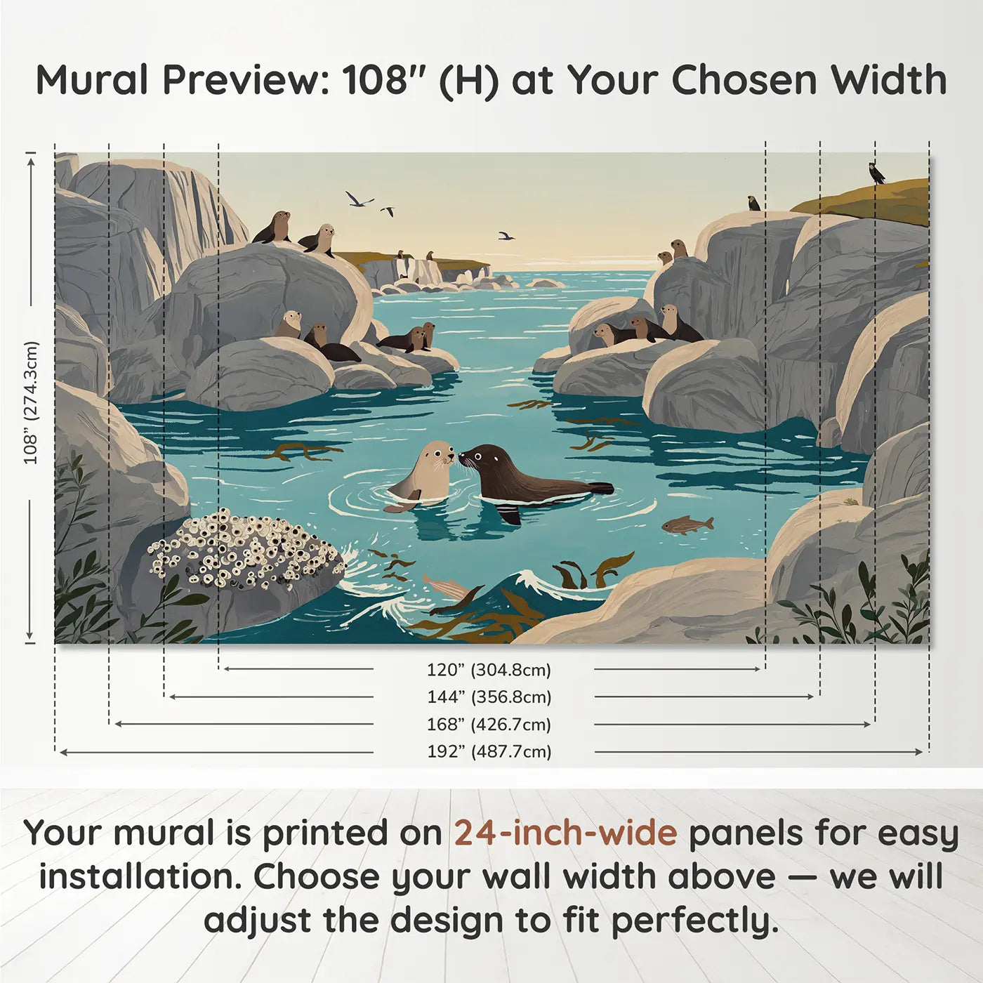 Panel layout and dimensions for Seal Pup Swimming Lesson Wallpaper Mural by Whimsy Tots