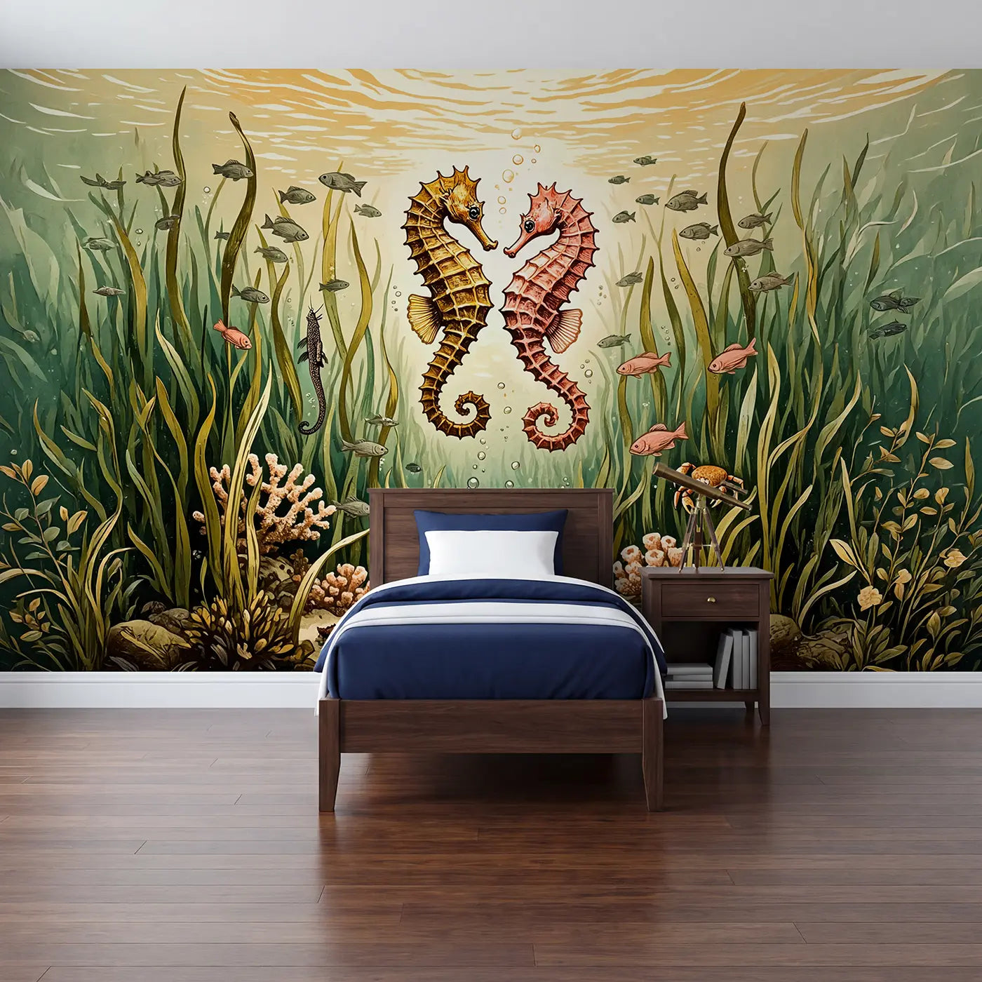 block print seahorse courtship seagrass mural for kids room by Whimsy Tots