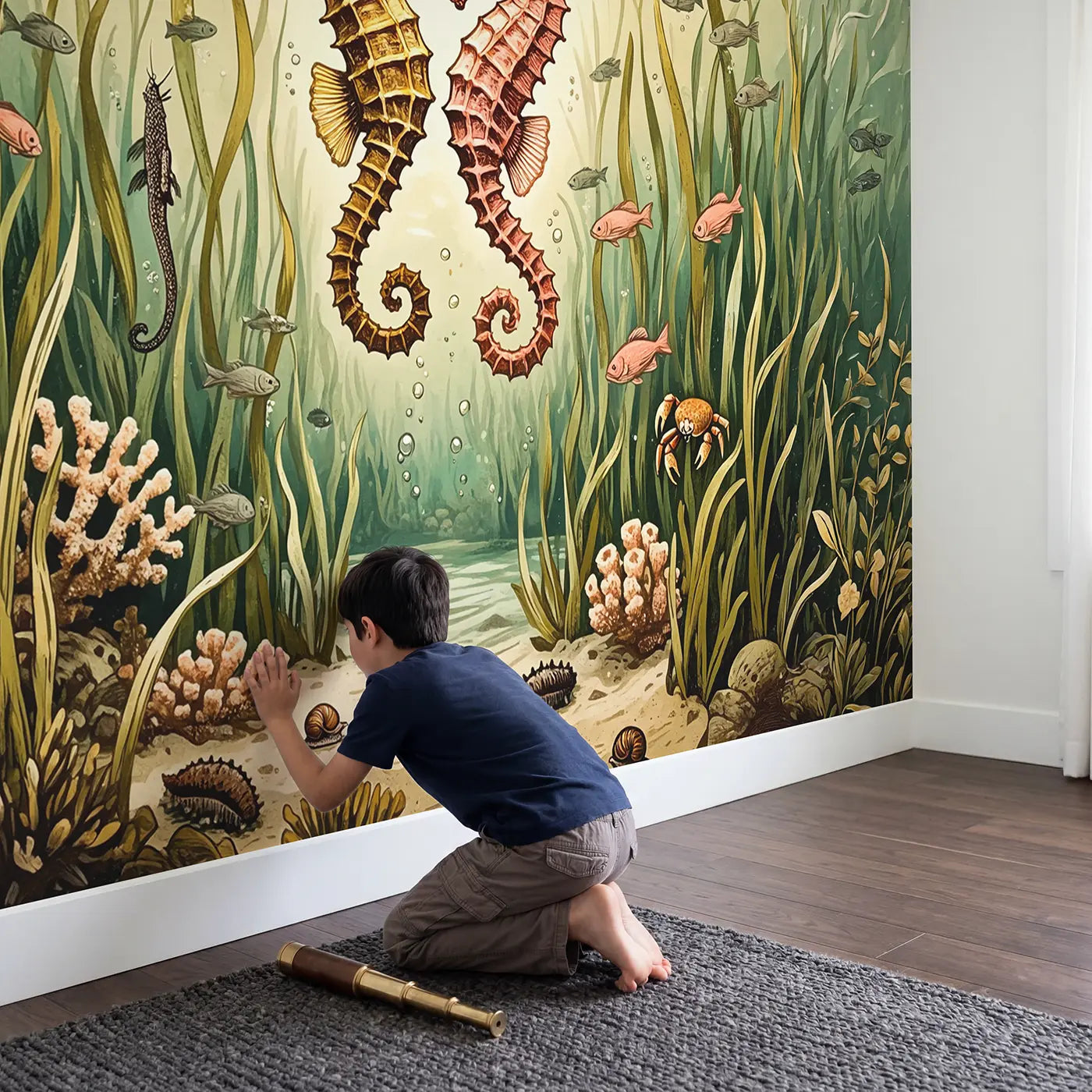 Child in nursery with Seahorse Courtship Dance Seagrass Wallpaper Mural by Whimsy Tots