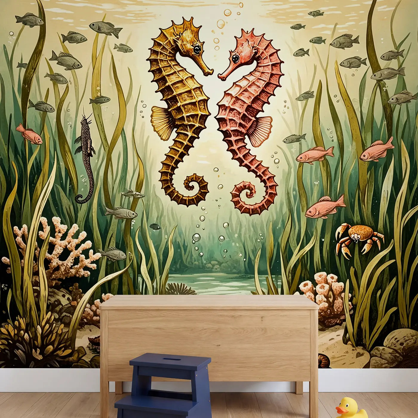 Seahorse Courtship Dance Seagrass Wallpaper Mural in playroom setting by Whimsy Tots