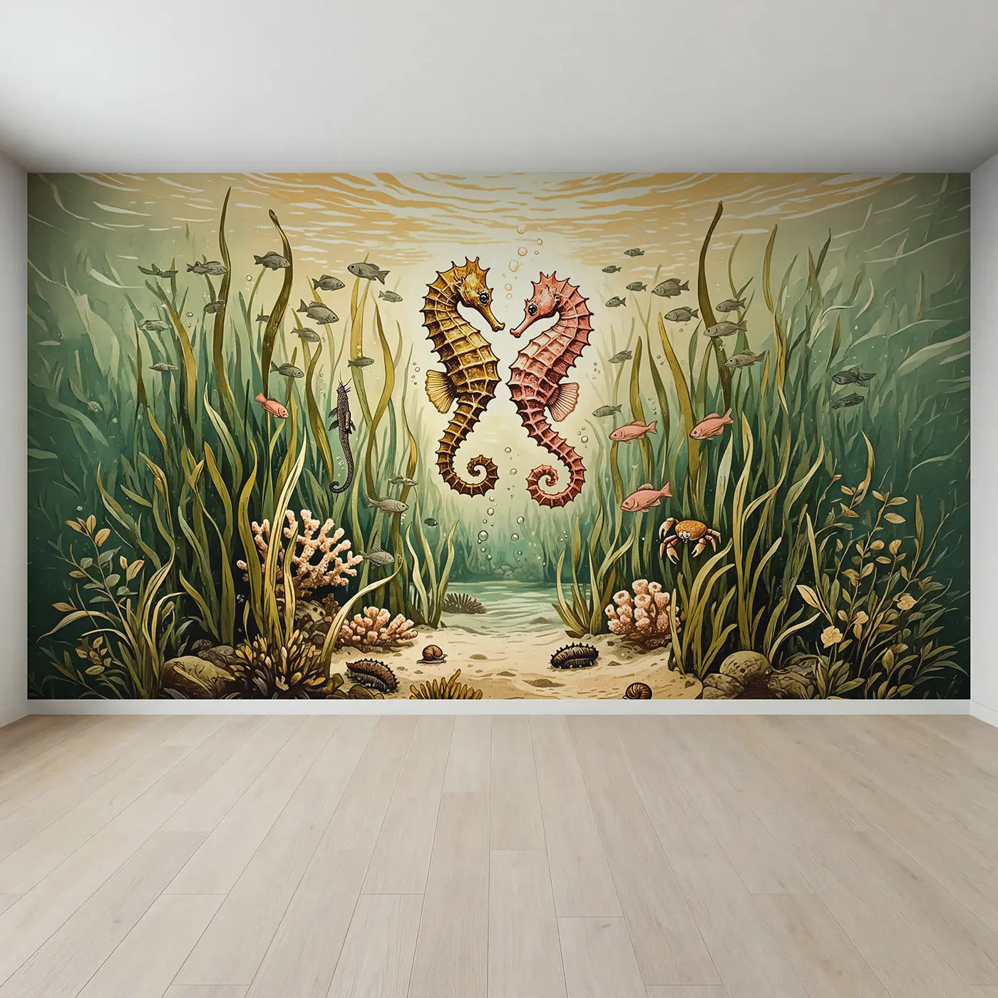 Full view of Seahorse Courtship Dance Seagrass Wallpaper Mural by Whimsy Tots