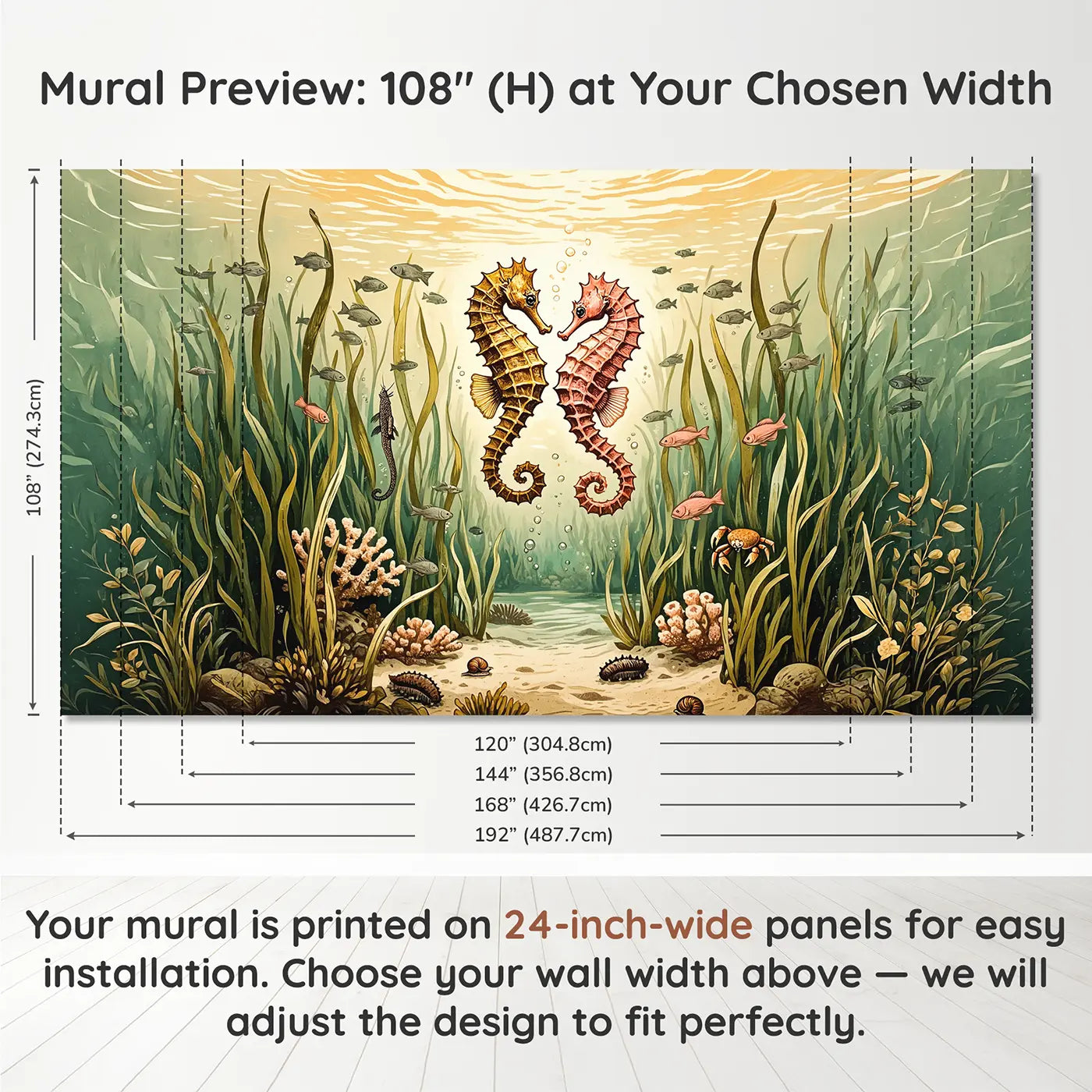 Panel layout and dimensions for Seahorse Courtship Dance Seagrass Wallpaper Mural by Whimsy Tots
