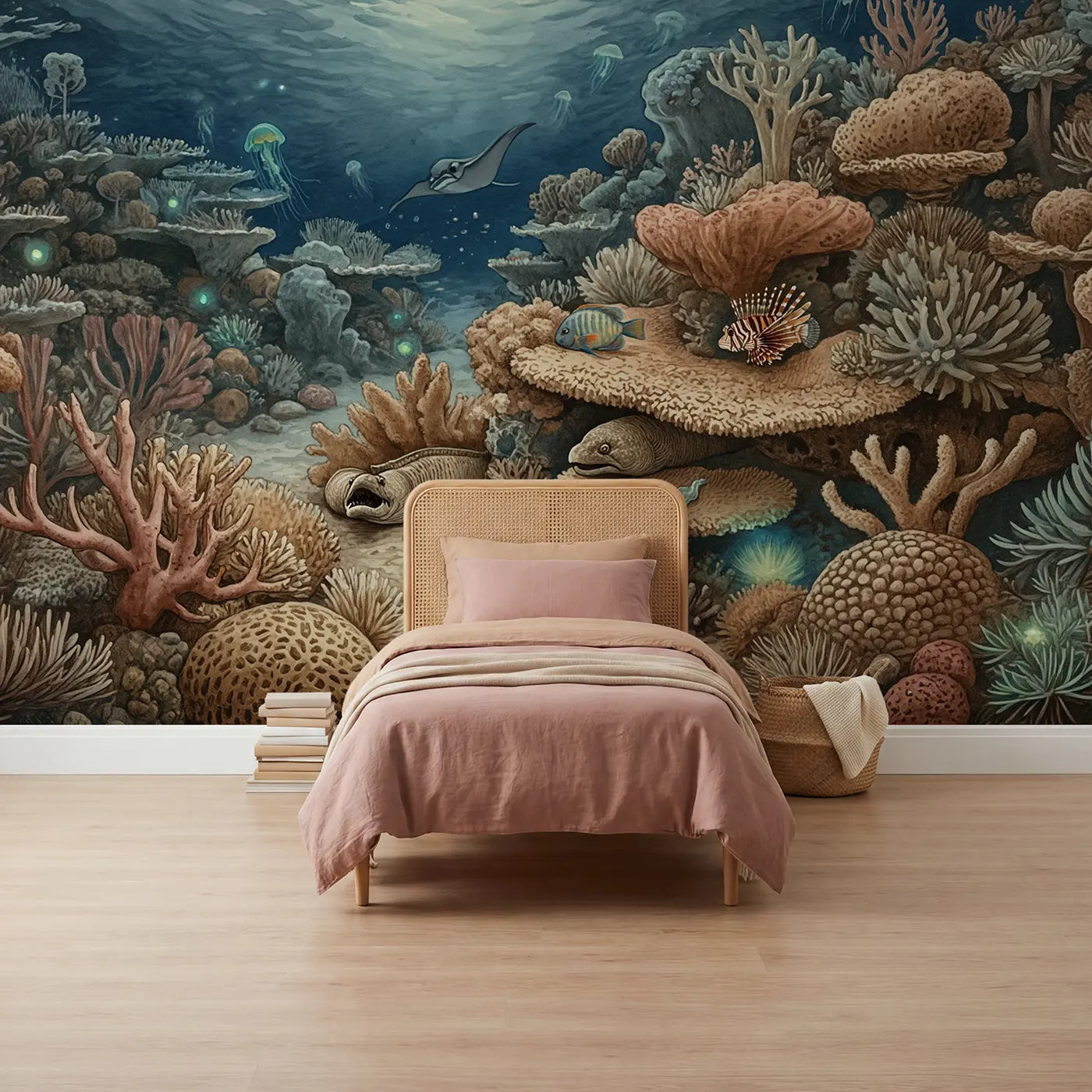 Storybook moonlit coral reef wallpaper mural for girls room by Whimsy Tots