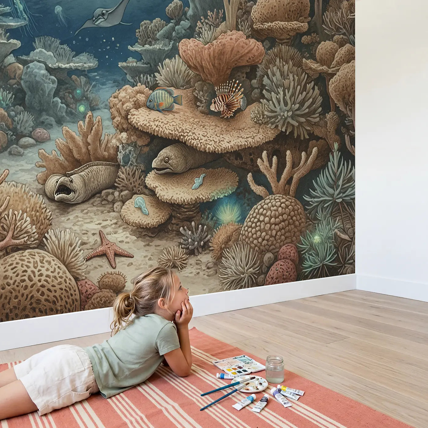 Child in nursery with Moonlit Night Reef Wallpaper Mural by Whimsy Tots
